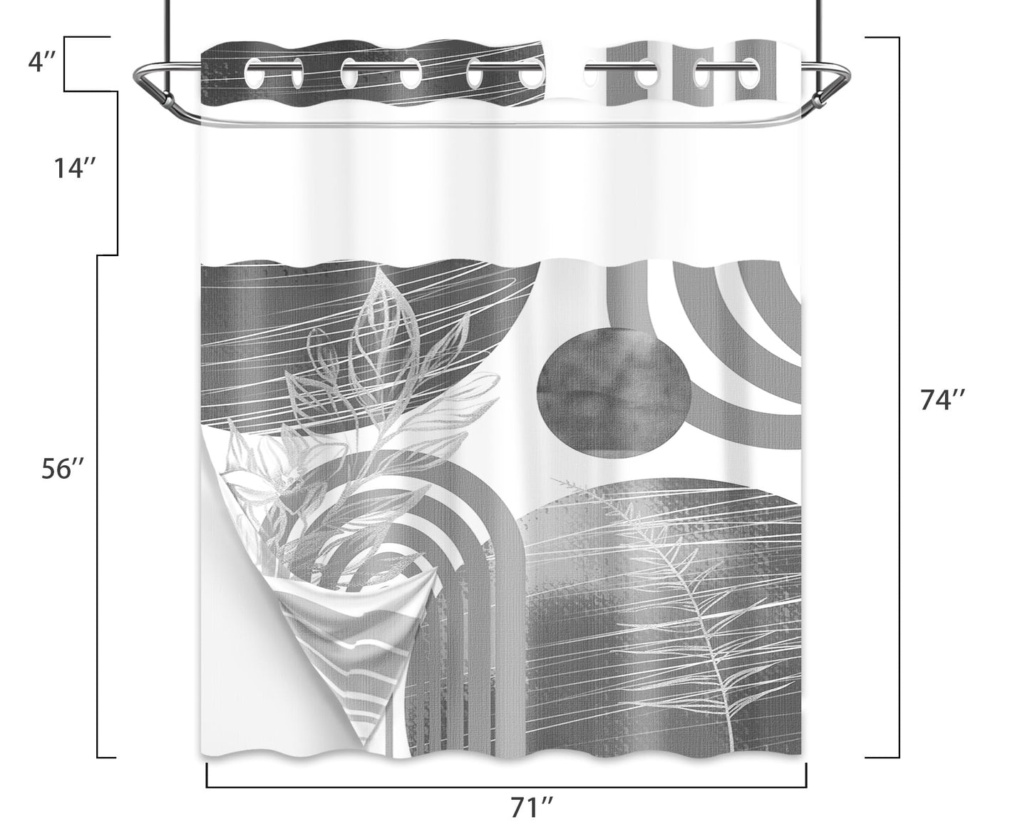 Boho Modern Hookless Shower Curtain, Black Grey White, 71" W x 74" L