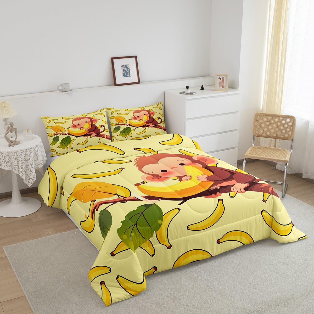 Feelyou Kids Monkey Comforter Cute Cartoon Zoo Animal Comforter Set Lovely Little Monkey Bedding Set for Boys Girls Children Bedroom Decor Nature Banana Duvet Set King Size with 2 Pillow Case