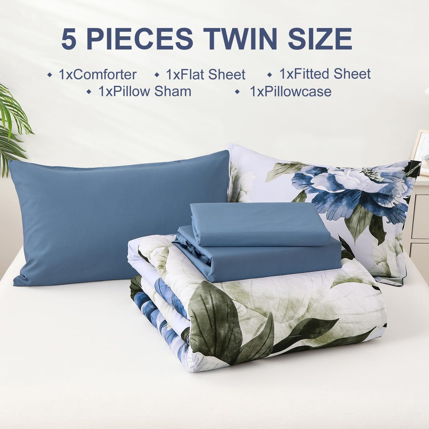 Dobuyly Blue Twin Comforter Set 5 Piece Bed in a Bag Twin Size, Blue Floral Print on Light Blue Comforter Set with Sheets, Soft Microfiber Complete Bedding Set for All Season