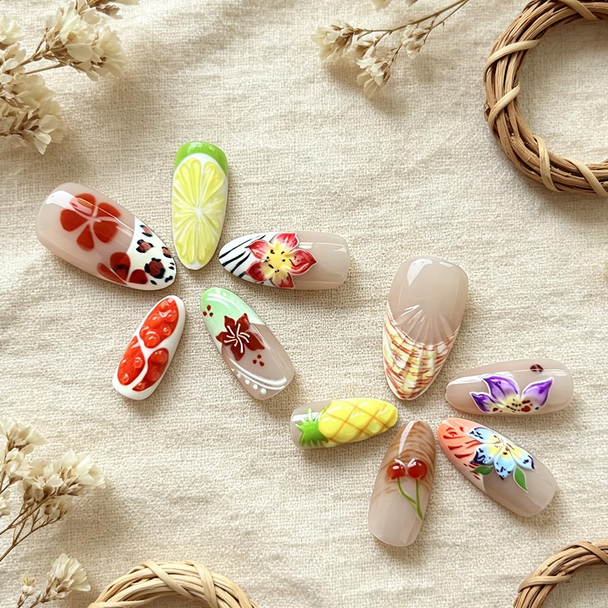 3D Press On Nails Almond Medium French Fake Nails with Embossed Flower&Fruit Summer Designs, Acrylic Artificial Nail Press ons False Stick On Nails for Women Girls 30Pcs