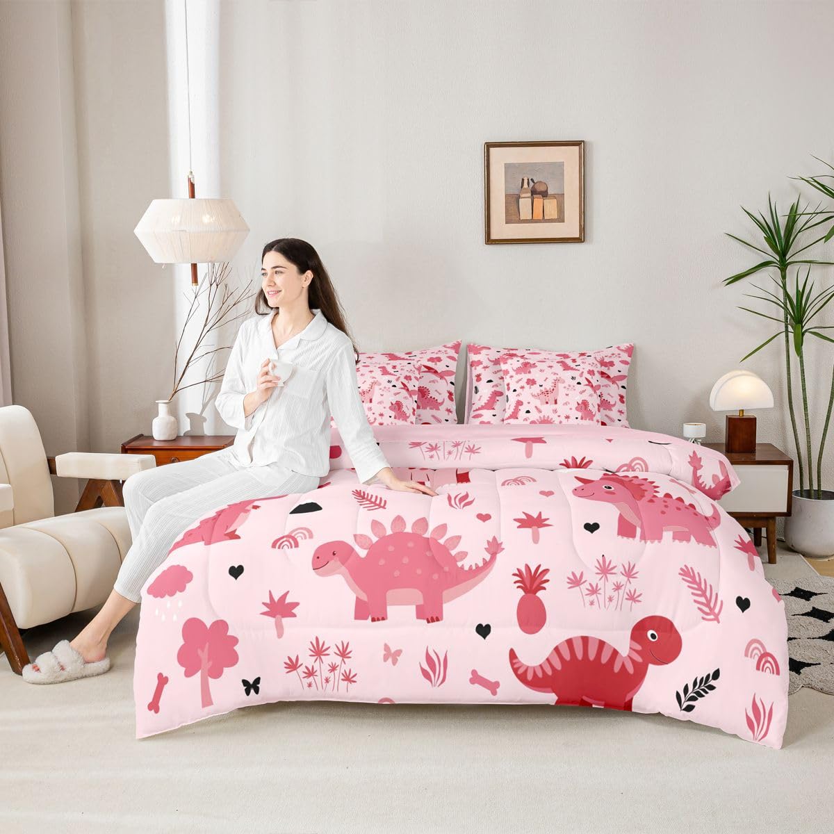 Feelyou Kids Pink Dinosaur Full Comforter Set with Sheets for Kids Boys Girls Cute Dinosaur 7 Pieces Bedding Set Cartoon Animal Bed in a Bag Room Decor Soft Lightweight Microfiber