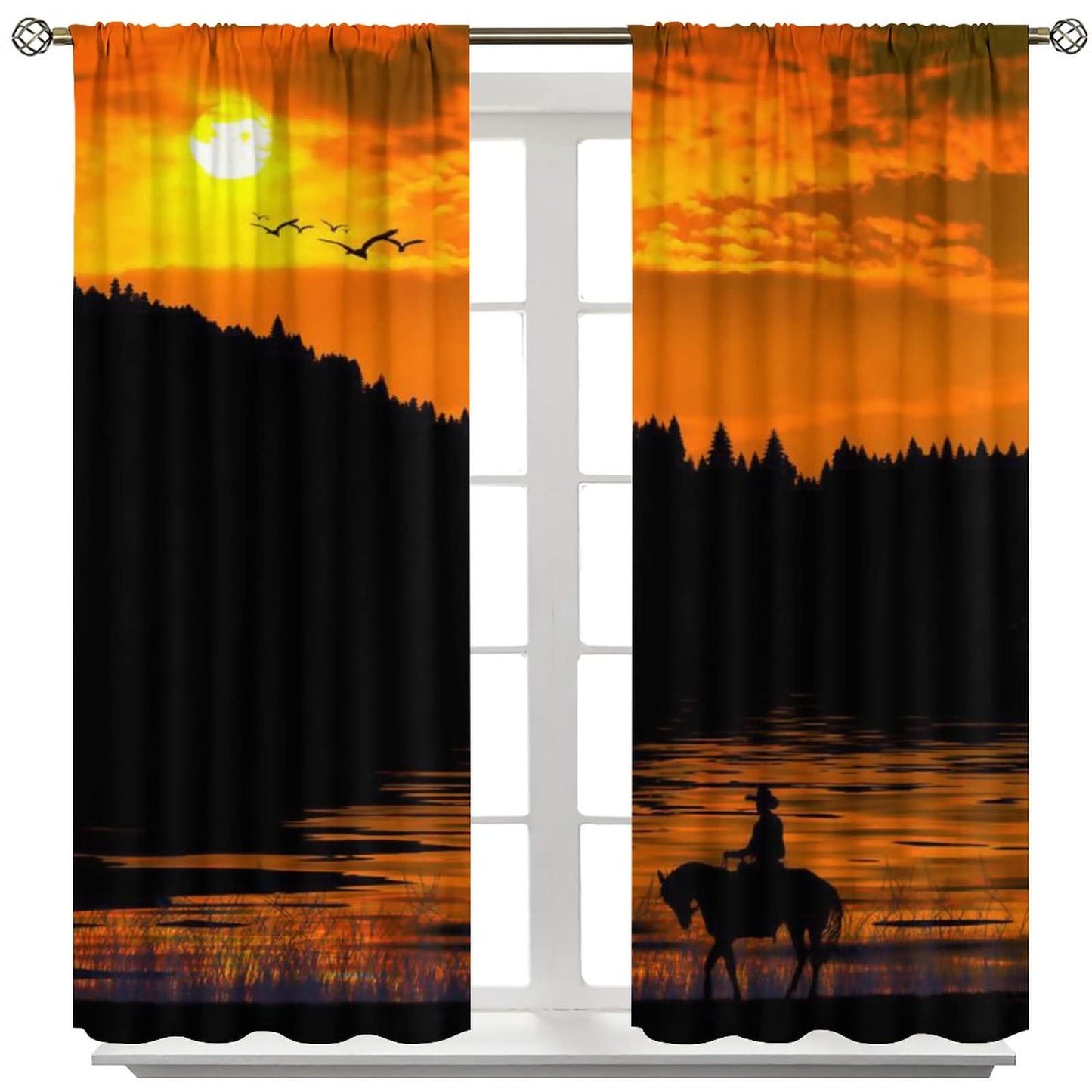 Kazynee American Cowboy Blackout Curtains for Living Room,Western Sunset Farmhouse Rustic Cowboy Riding Horse Window Drapes - Thermal Insulated and Noise Reduction,2 Panels 45L x 21W