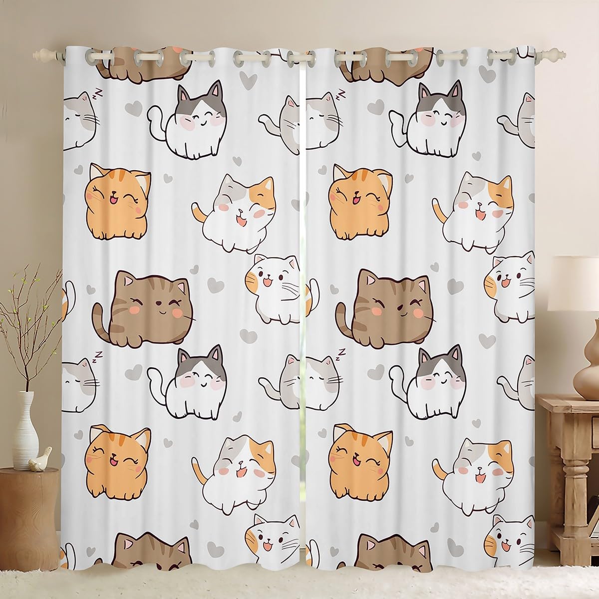 Erosebridal Cute Kitten Curtains & Drapes Kawaii Cat Curtain, Lovely Pet Blackout Curtains Gray Love Print Living Room Treatments, Animal Themed Window Drapes Kids Room Decor