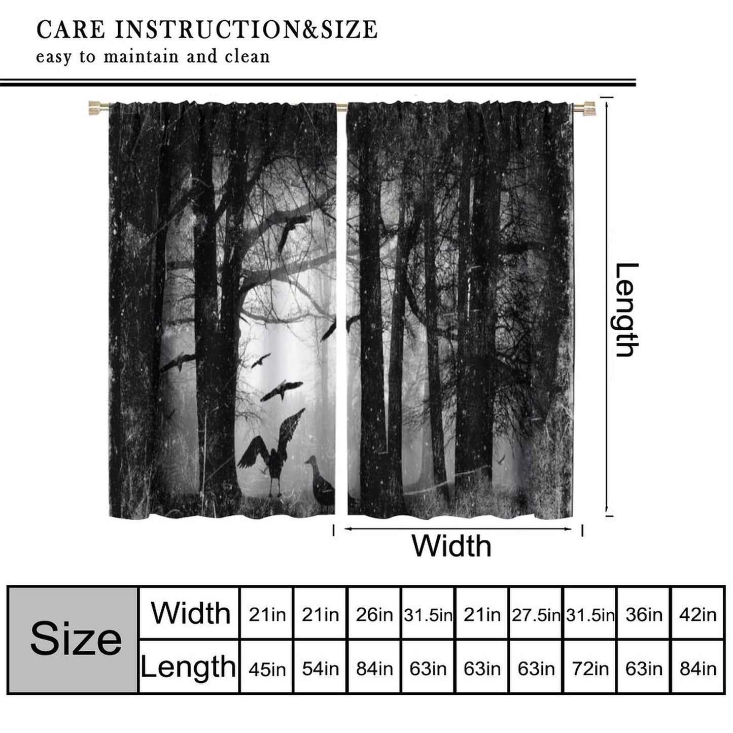 SHElifestyle Gothic Forest Window Curtains, Foggy Mysterious Ghost Window Treatments, Halloween Spooky Black Crows Cobwebs Drapes for Bedroom Living Room W42 X L45