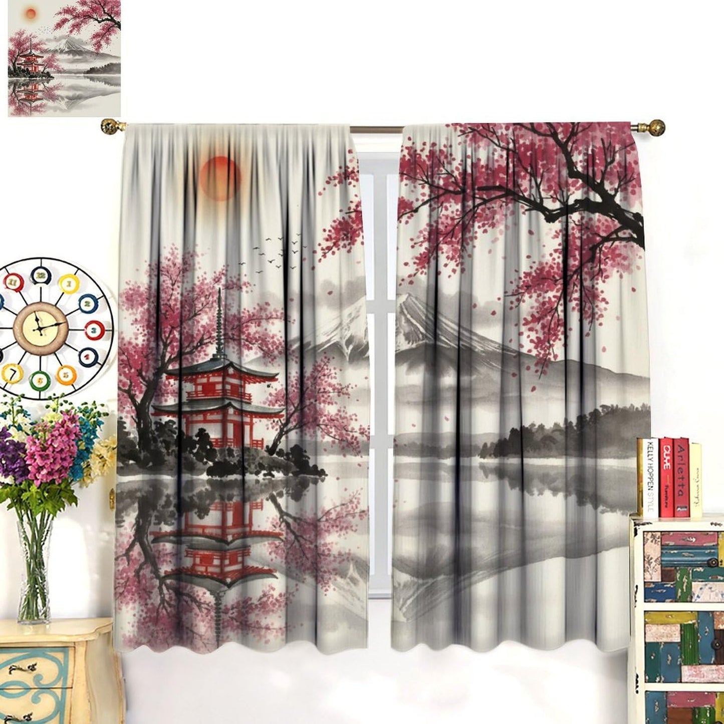PHTAYOT Oriental Japanese Curtains Traditional Ink Painting Nature Landscape Mountains Cherry Blossoms Pattern Decor Window Treatments for Bedroom Living Room,2 Panels Set,42x45 Inch