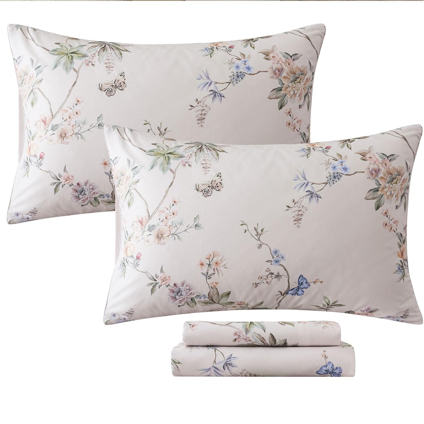 FADFAY Queen Size Sheets Set – 4 Pieces Percale Cotton Deep Pocket Fitted Sheet, Crisp, Breathable & Soft, Country Style Floral & Butterfly Pattern Bedding for All Seasons