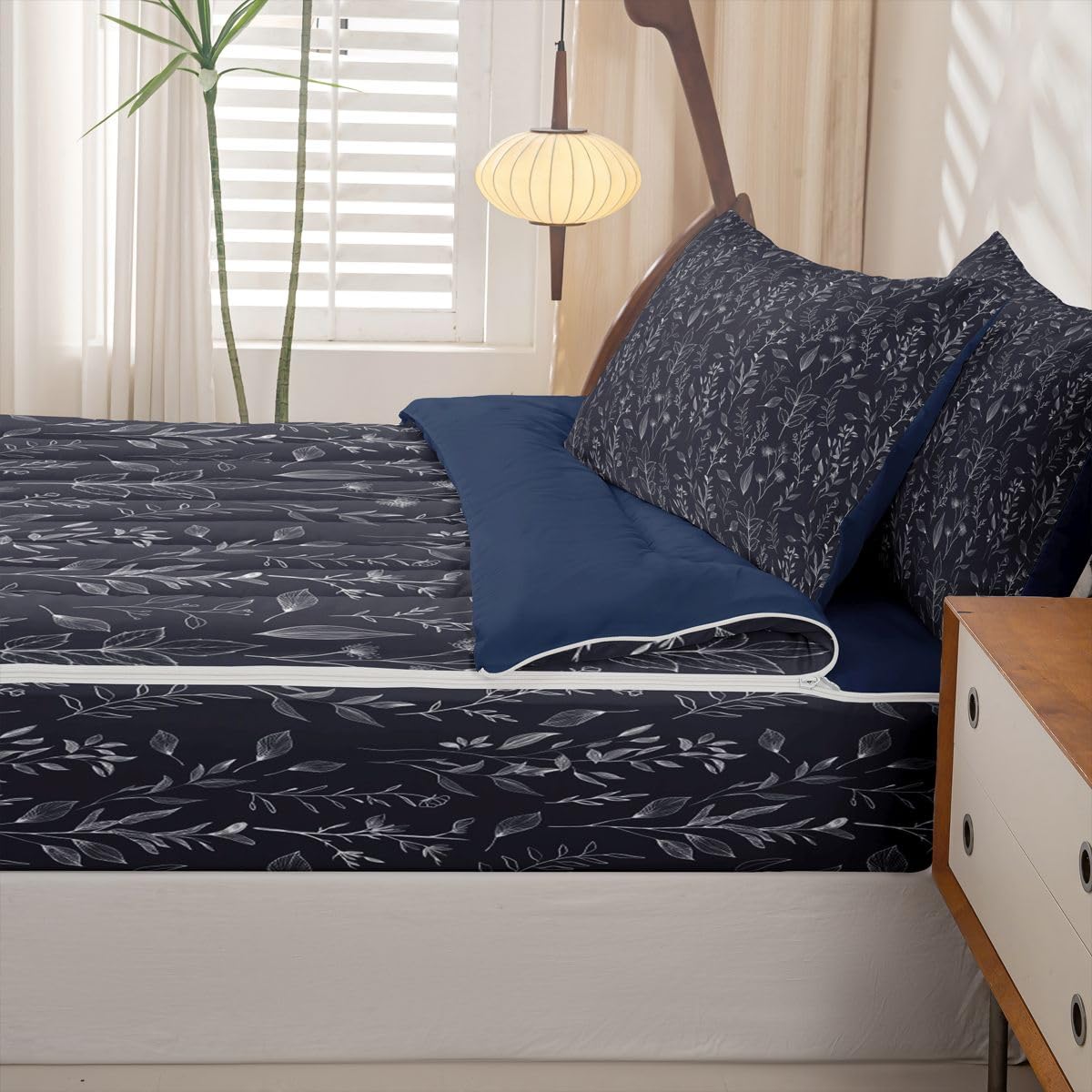 Feelyou Black Floral Zipper Bedding Twin Botanical Bedding Sets for Kids Boys Girls Bohemian Wildflower Comforter Set with Fitted Sheet 2 Pillowcases Boho Flower One Zipper Bed Set for All Seasons