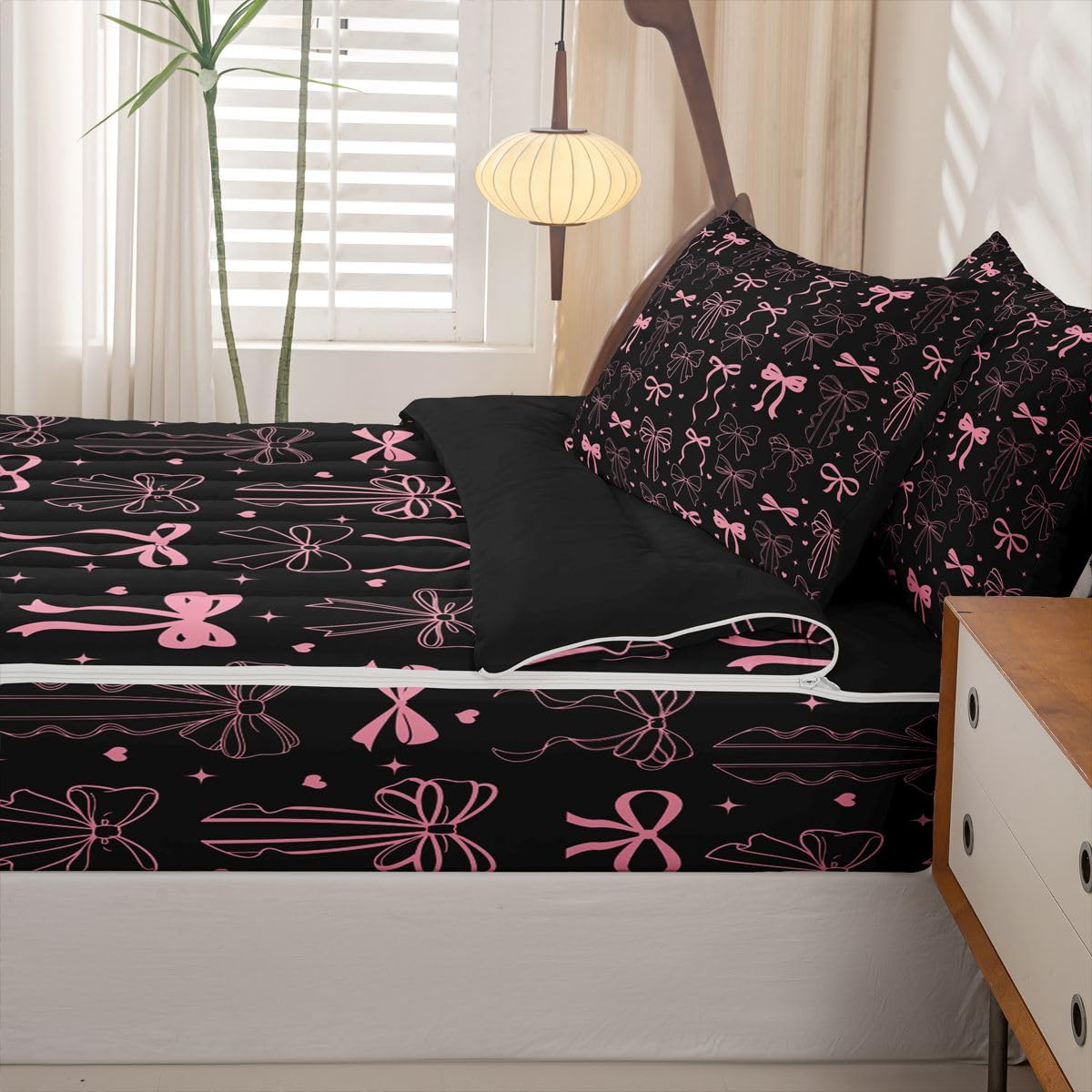 Feelyou Bow Zipper Bedding Full Bowknot Zipper Bedding Sets for Kids Boys Girls Black Pink Bow Comforter Set with Fitted Sheet and 2 Pillowcases Kawaii Bedroom Decor Black Pink