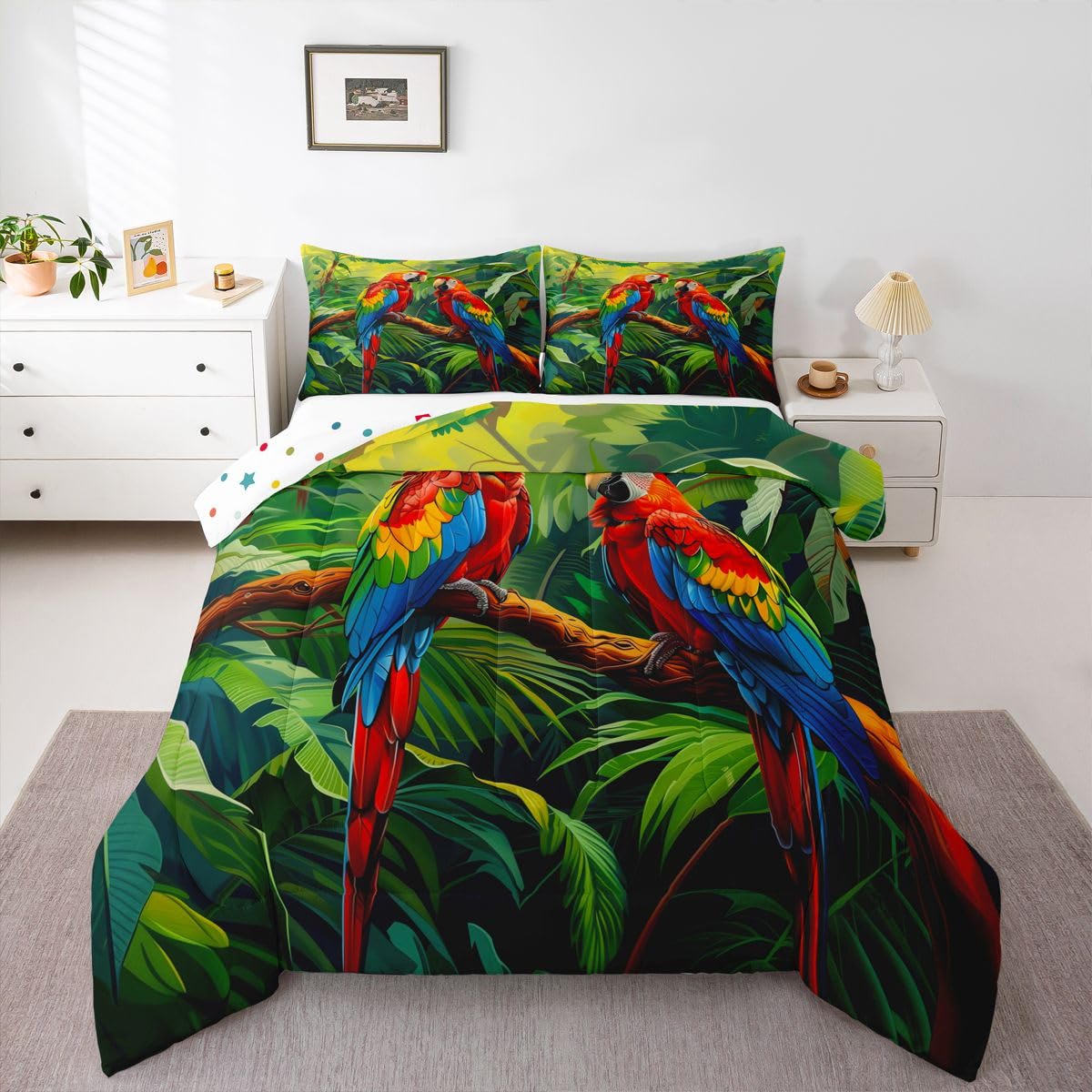 Manfei Parrots Comforter Set 2Pcs Tropical Palm Leaves Twin Size Bedding Set Natural Wildlife Duvet Insert for Kids Boys Girls Adult Room Decor(1 Comforter,1 Pillowcase) Jungle Wild Animals