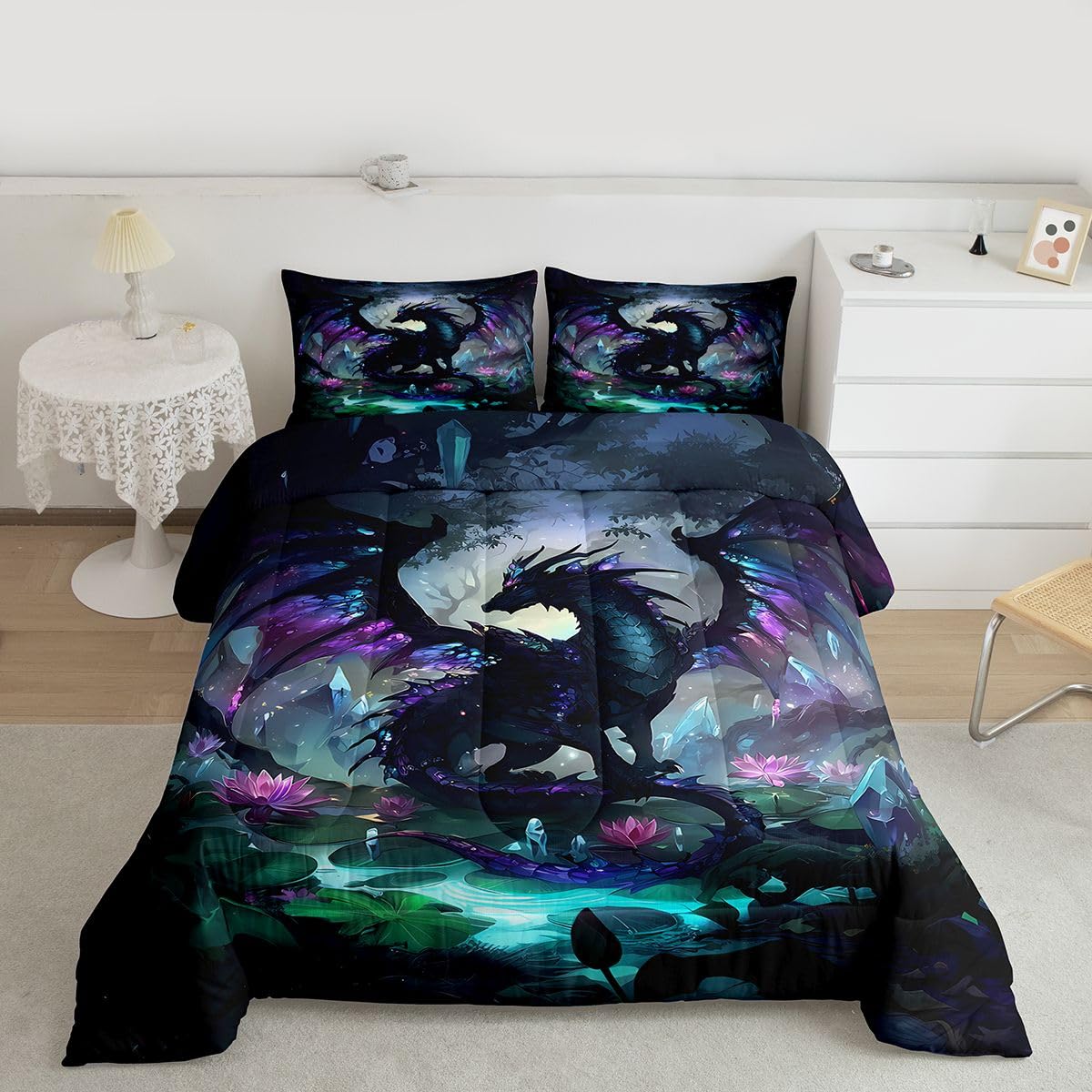 Feelyou Dragon Comforter Set Twin Size Dragon Stuff Bedding Set for Kids Boys Girls Wild Life Duvet Quilt Magic Wildlife Bedroom Decor Black Purplish 2 Pcs with 1 Pillow Cases