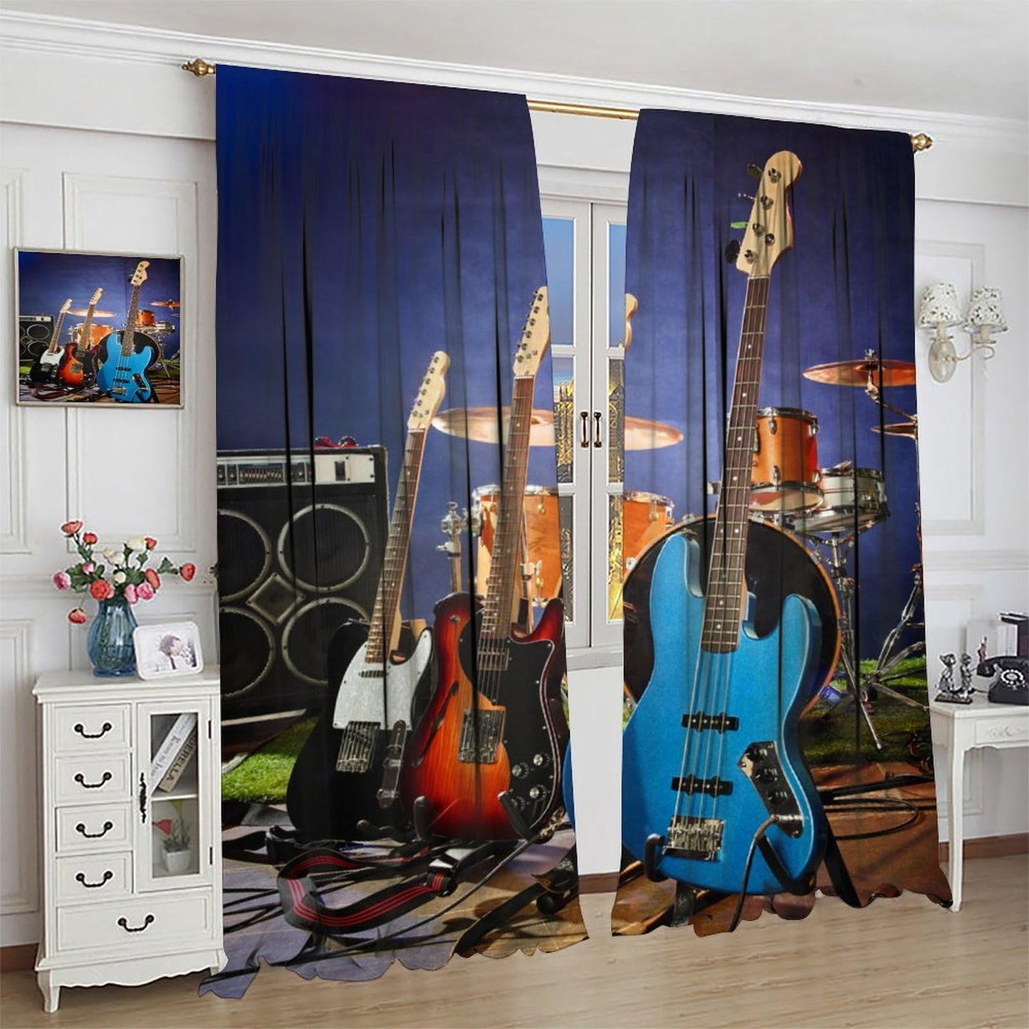 Djaby Music Themed Guitar Curtain, Rock Music Drum Kit Musical Instruments Print Window Drapes for Bedroom Living Room 42" W X 45" L(No Blackout)