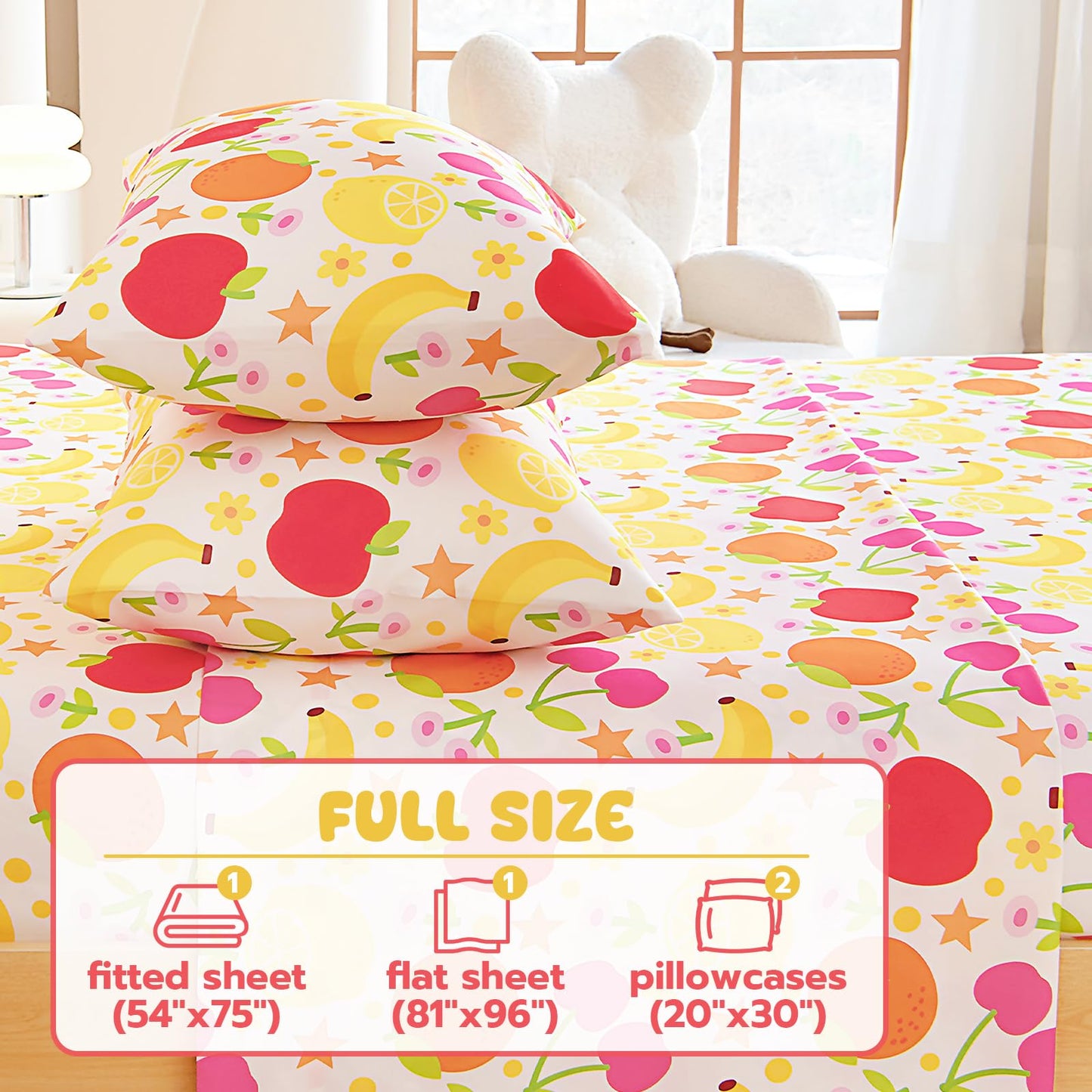 Homilay Full Sheet Set Kids - Banana Orange Lemon Cherry 4 Pieces Soft Microfiber Cartoon Style Bedsheets for Boys Girls Teens, Oeko TEX Breathable 15 Inch Deep Pocket Sheets(Fruit)