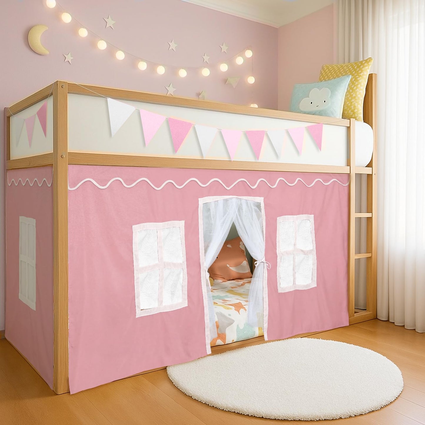 Breling 3 Panel Bunk Bed Curtains for Bottom Loft Bed Tent Set with Felt Flag Double-Layer Twin Bunk Curtains Playhouse Accessories for Boy Girl Bedroom(Pink and White,Classic)