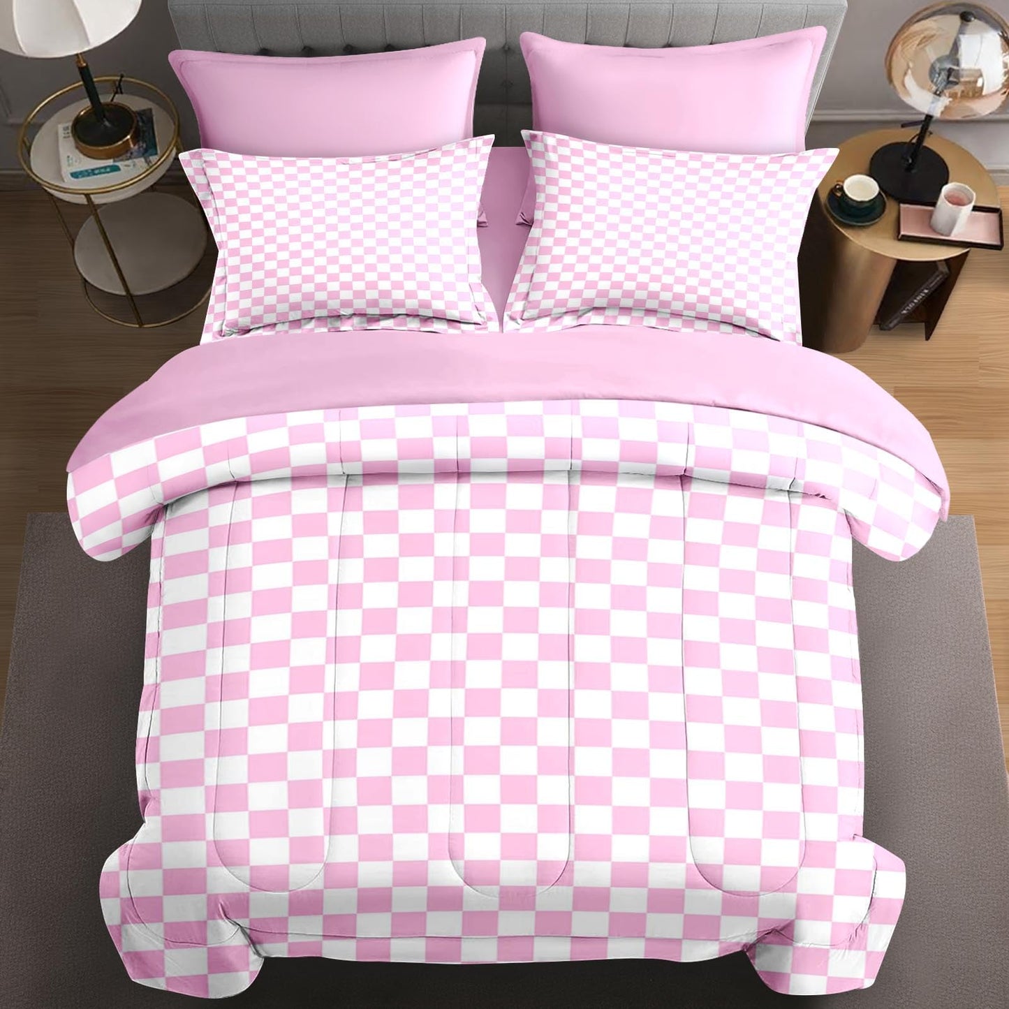 Checkerboard Grid Geometric Bean Pink Comforter Set 7 Pcs Full Size Quilt, Checkered Modern Abstract Plaid Soft Bedding Set with Flat and Fitted Sheet Pillowcases Sham for Adults Bedroom Bed Decor