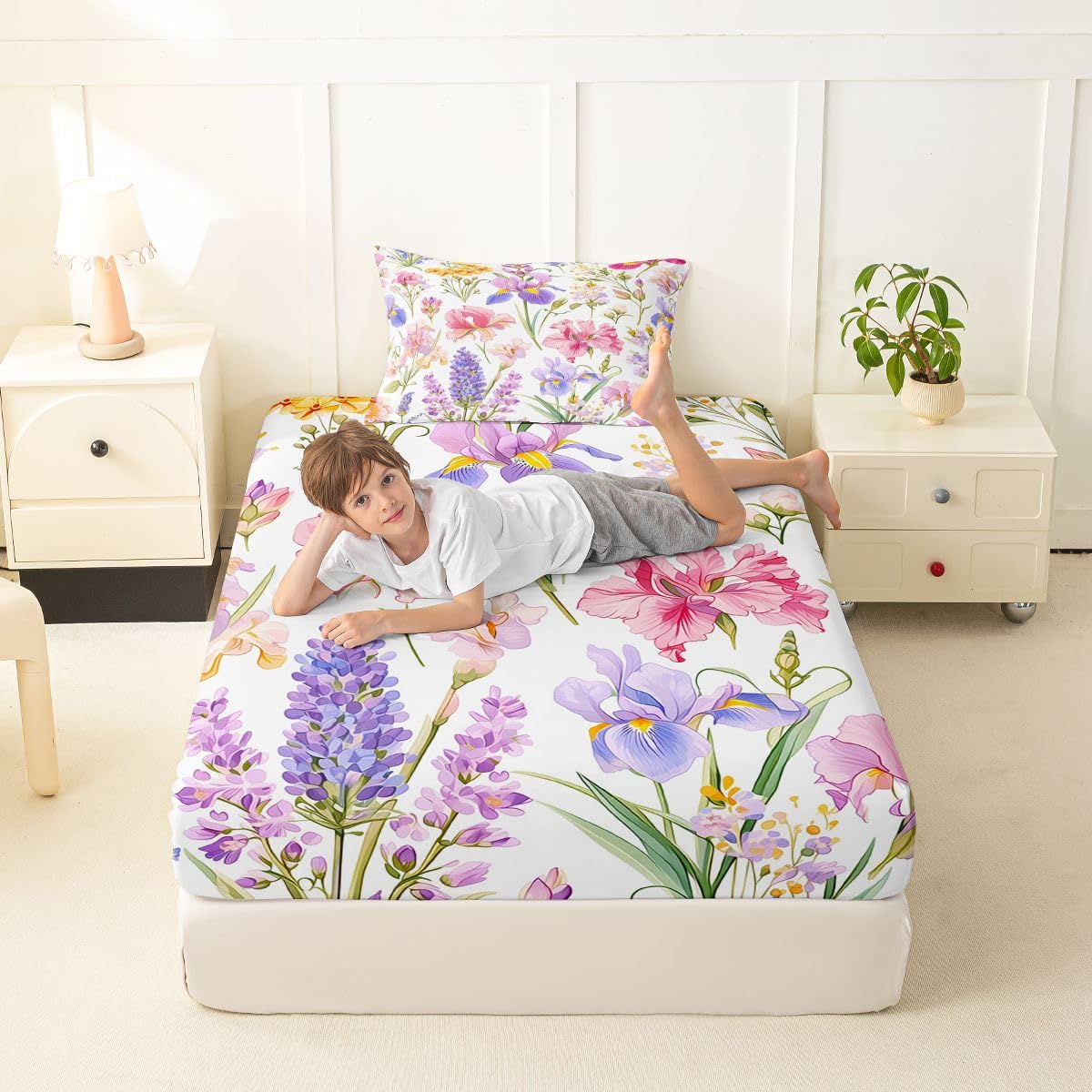 Erosebridal Pink Floral Bed Sheets Set Twin Colorful Plants Sheet Set Garden Style Flower Sheets Rustic Farmhouse Flat Fitted Sheet