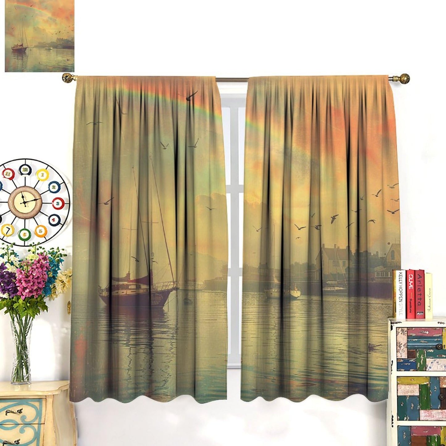 TOWINSFB Vintage Sailboat Nautical Blackout Curtains for Living Room Bedroom, Rainbow Seaside Scenery Window Curtains Rod Pocket Thermal Insulated Window Drapes, 2 Panels, Each 21W x 45L