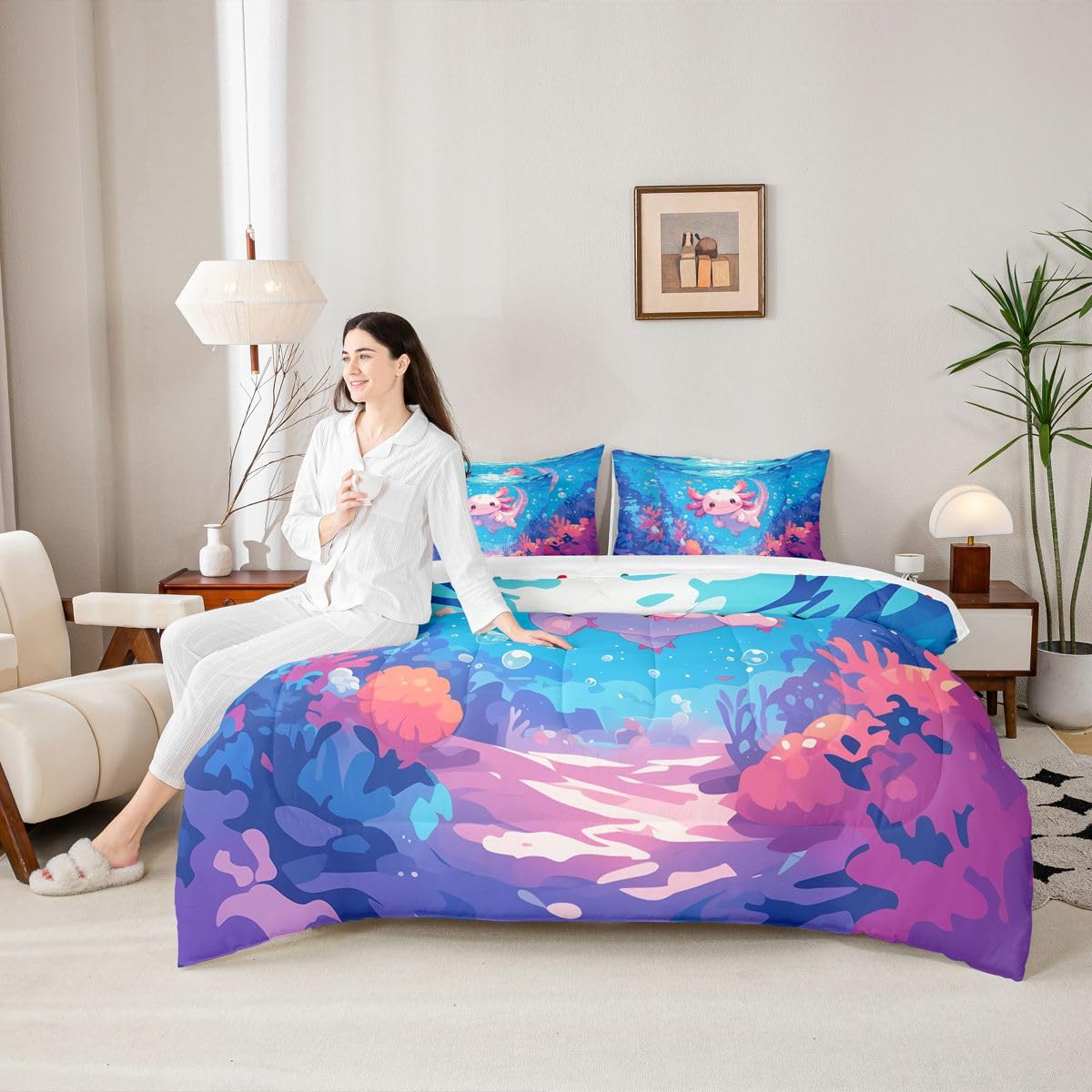 Erosebridal Axolotl Girls Pink Blue Ombre 7 Piece Bedding Set Twin | Cartoon Ocean Sealife Comforter Set with Sheets Cute Salamander Bed in A Bag Coral Kawaii Bed Sets