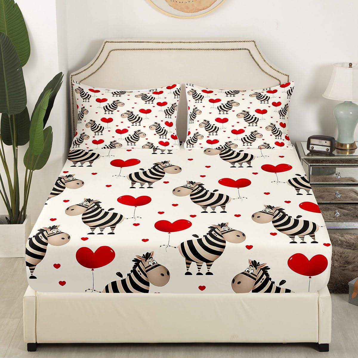 Feelyou Boys Girls Valentine's Day Bedding Set Full Size, Zebra Bed Sheet Set Love Heart Fitted Sheet Kids Romantic Teens Bed Cover Bedroom Decor 3Pcs (No TOP Sheet)