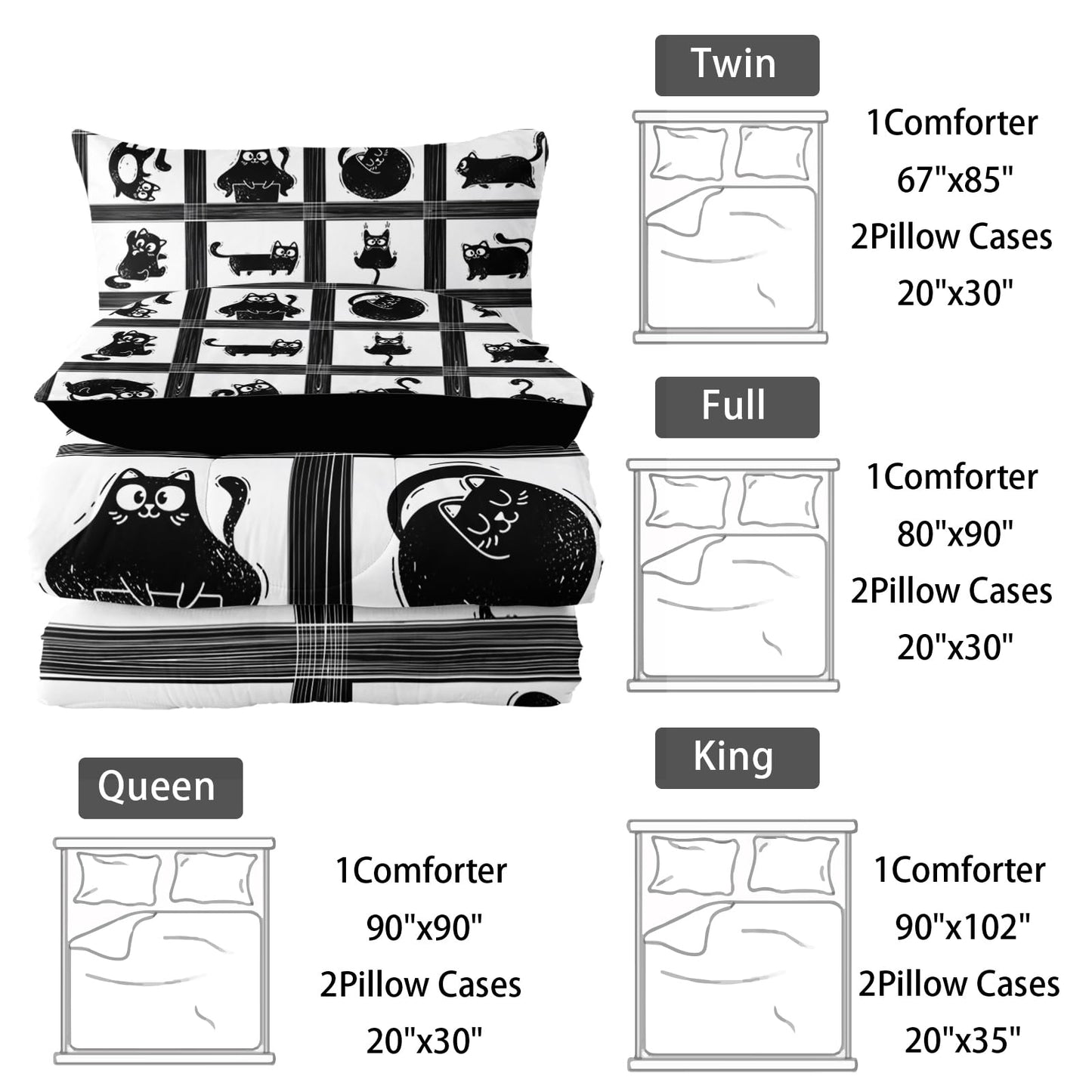 Nttopship Kids Cartoon Cat Comforter Bedding Set Twin,Black Cat and Grid Bedding Set 3 Piece for Teens Kids Boys Girls Adults Room Decor Animals Print Comforter 2 Pillow Cases