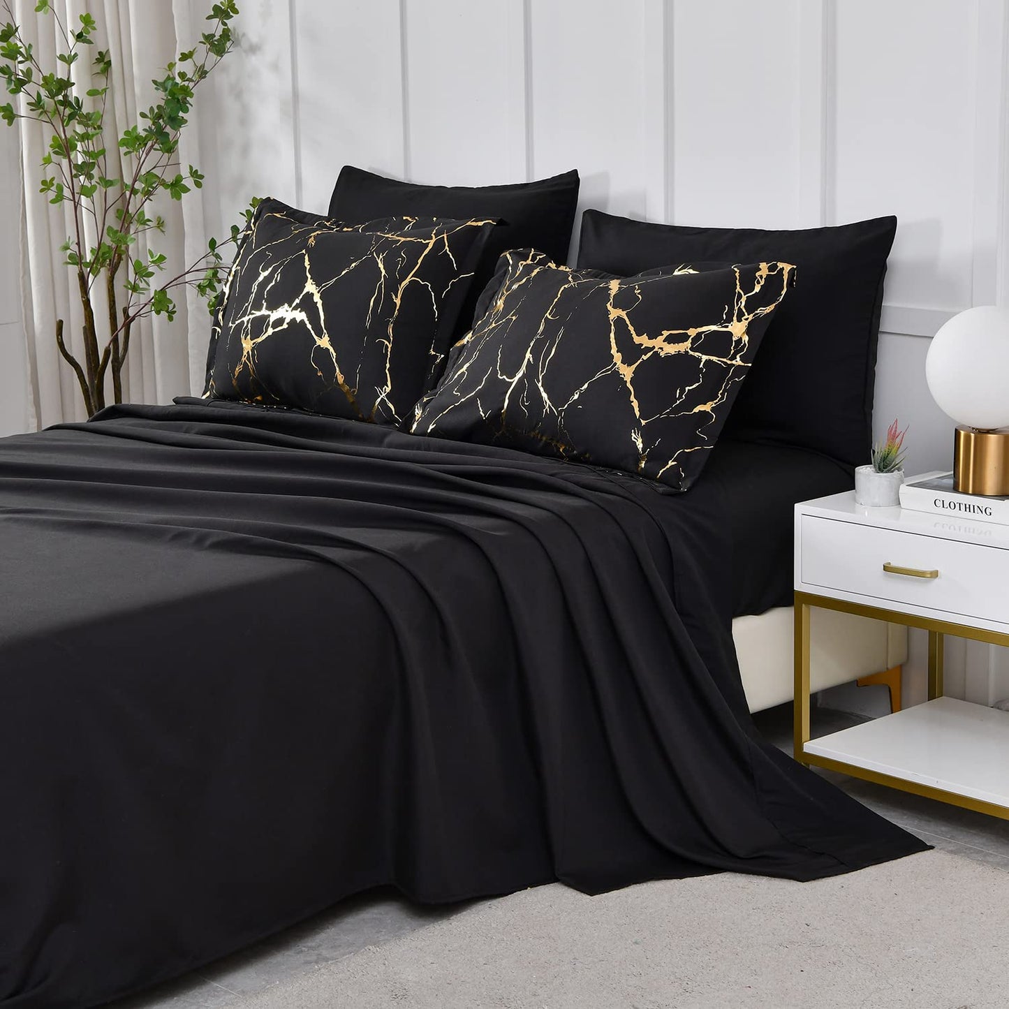 Yogeneg Gold Metallic Marble King Size Comforter Set,7 Piece Bed in a Bag,Foil Print Glitter Black Comforter and Sheet Set,All Season Soft Microfiber Complete Bedding Sets(Black,King)