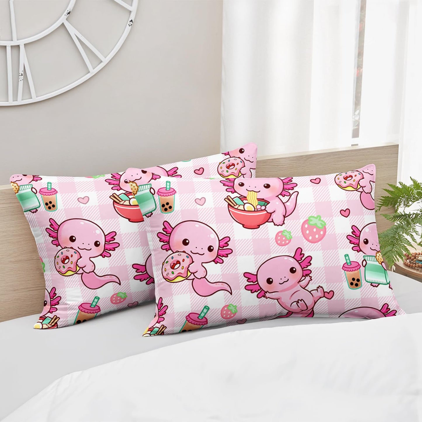 HOSIMA Axolotl Fitted Sheet Set Full Size for Kids Girls,Pink Cartoon Axolotl Eat Dessert Printing Bedding Set Full Size for Princess Bedroom Decor,1 Fitted Sheet+2 Pillowcases.