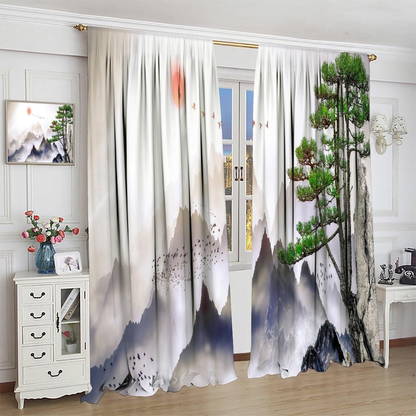 Asian Kitchen Curtains Traditional Chinese Ink Landscape Painting Green Branches and Animal Birds for Living Room Bedroom Blackout Privacy Noise Reduction Curtains 42x45 Inches 2 Panels