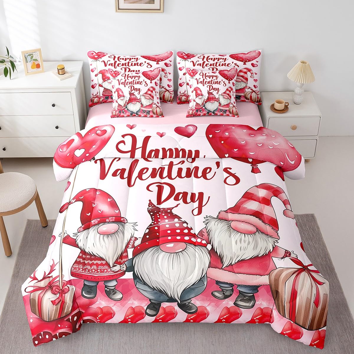 Erosebridal Valentine Day Gnomes Queen 7 Piece Comforter Set - Cute Gnome Bedding Set with Fitted + Flat Sheet, Pink Romantic Love Bed in a Bag for Kids Girls Women Valentines Bedroom Decor