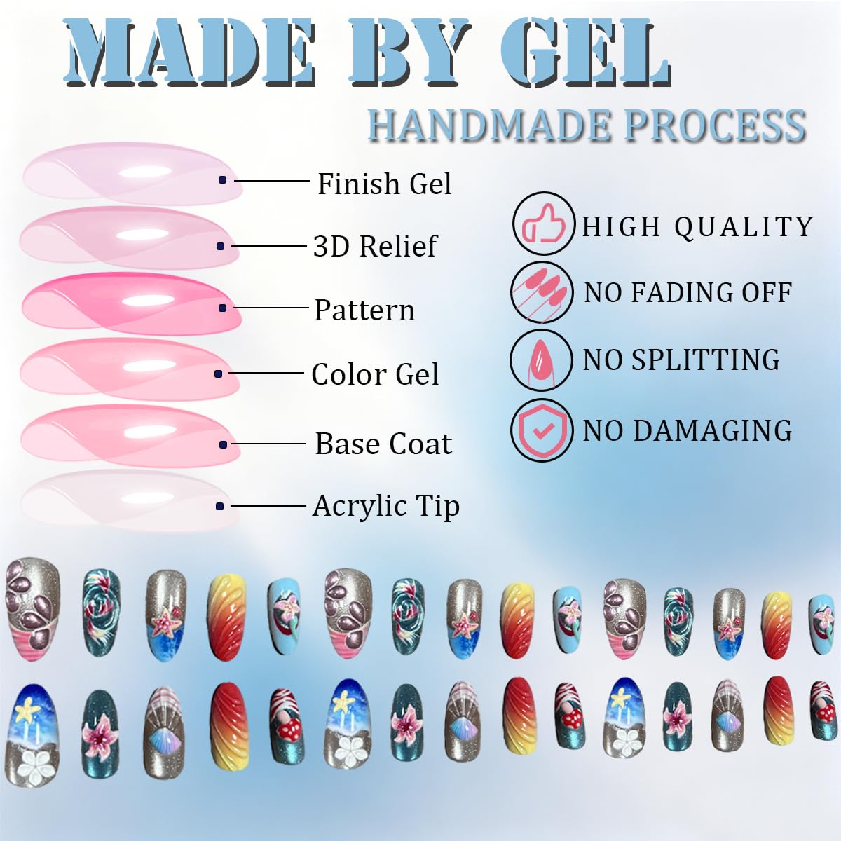 3D Press On Nails Almond Medium Fake Nails with Cat's Eye Embossed Marine Life&Floral French Designs, Acrylic Artificial Nail Press ons False Stick On Nails for Women Girls 30Pcs