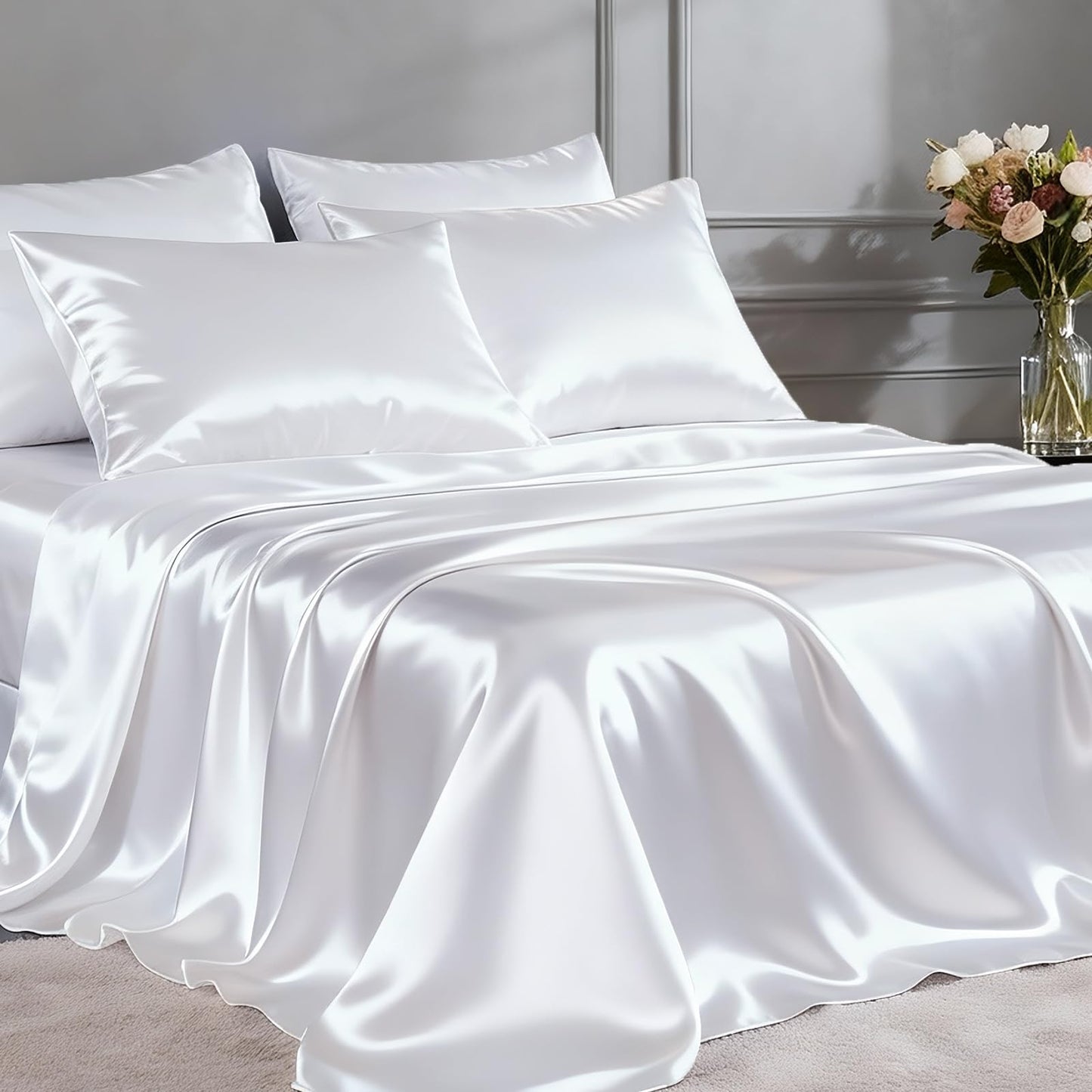 FreshCulture Satin Sheets Full Size - 4 Piece Luxury Soft Silky Full Size Bed Sheets, Similar to Silk Bed Sheet Set with 1 Deep Pocket Fitted Sheet, 1 Flat Sheet & 2 Pillowcases (White)