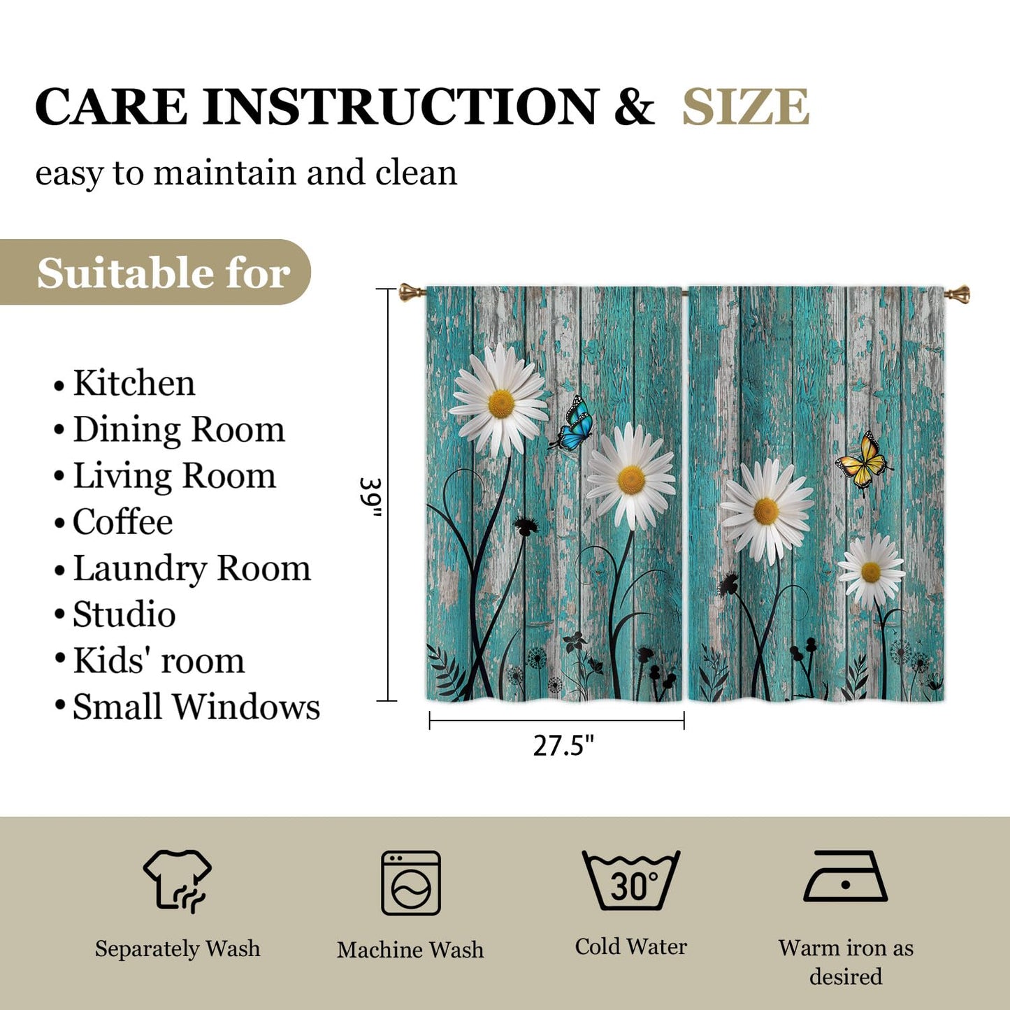 Cizuug Farmhouse Teal Daisy Kitchen Curtains Rustic Wooden Country Small Short Cafe Window Curtains Vintage Flower Floral Rod Pocket Bathroom Drapes Treatment Tier Curtains 2 Panels(27.5x39 Inch)