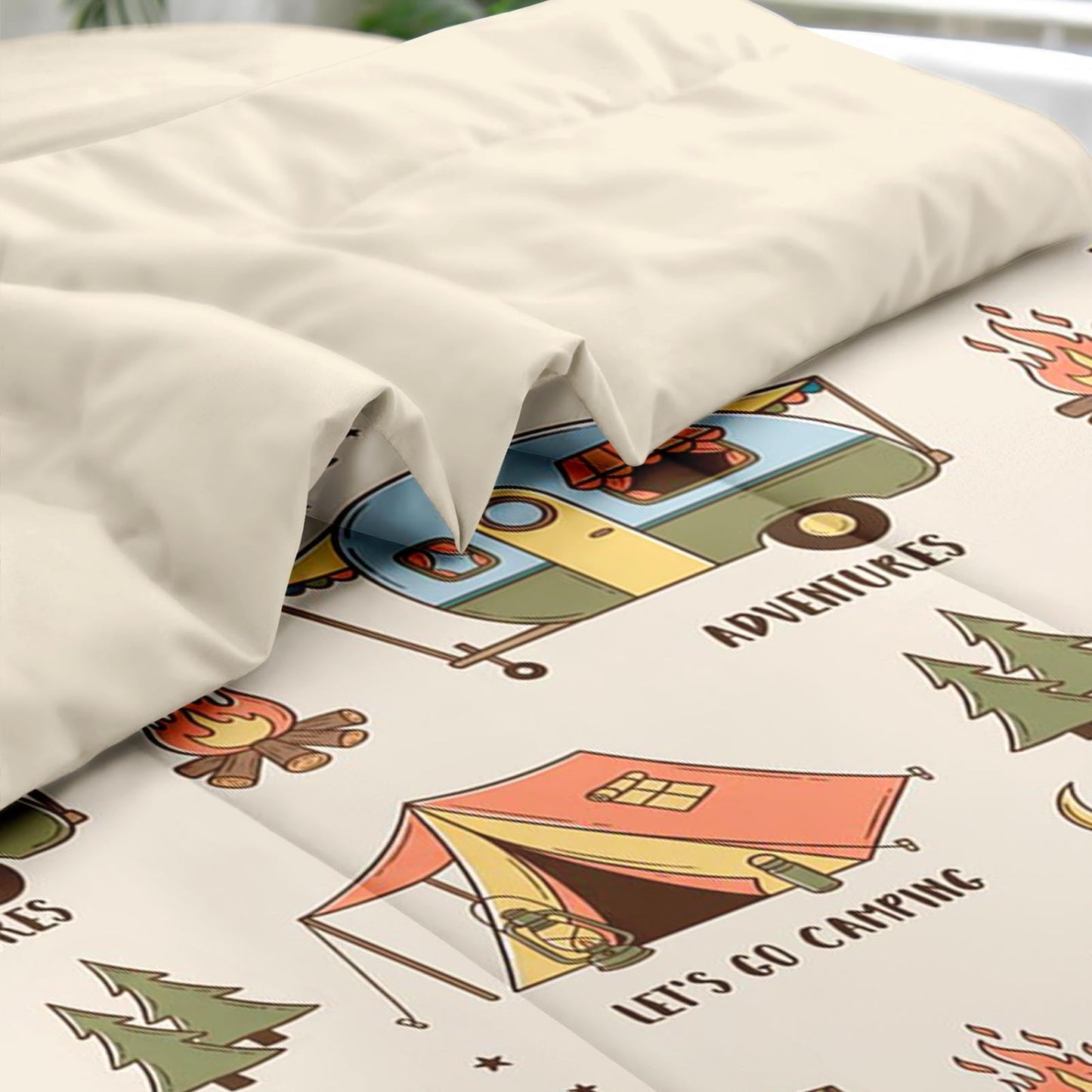 Pamnest Comforter Set Queen Size, Summer Camp RV 7 Pcs Bedding for Kids and Adults, Camping Adventure Bed Sheet Sets with Fitted Sheet 2 Pillowcases & 2 Shams for Bedroom Bed Decor