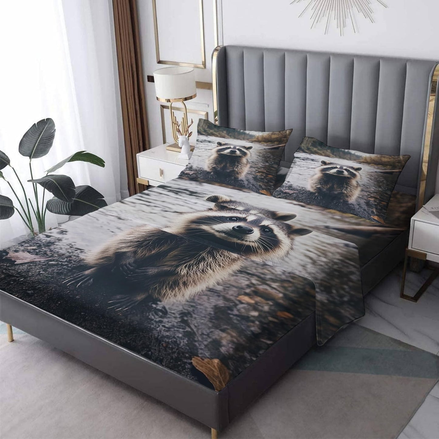 NOGAWA Raccoon Sheets Queen, Cute Wild Animal Bed Sheets, Deep Pocket & Soft Microfiber Bedding Sheets & Pillowcases 4 Piece - Fitted Sheet & Flat Sheet & 2 Pillow Cases