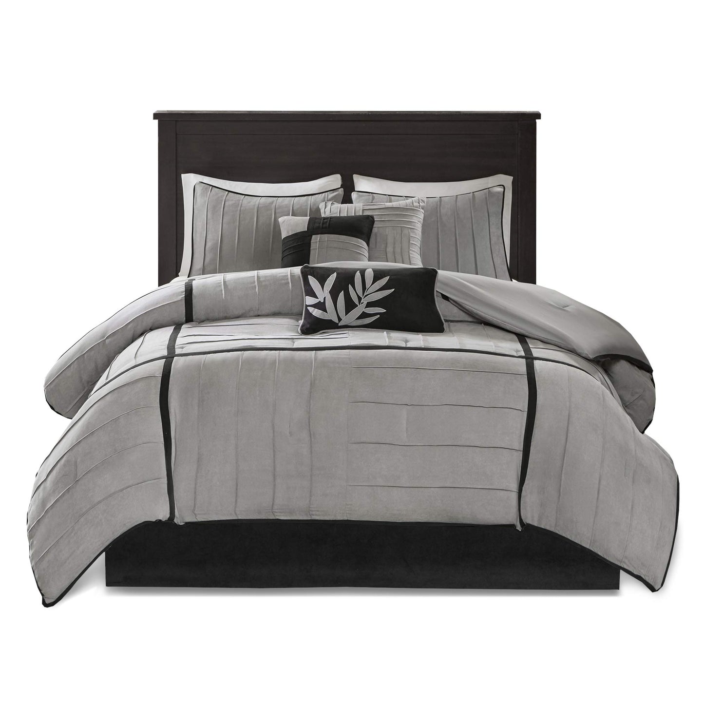 Madison Park Cozy Comforter Set Casual Blocks Design All Season, Matching Bed Skirt, Decorative Pillows, Queen(90"x90"), Dune Suede, Black Grey, 7 Piece