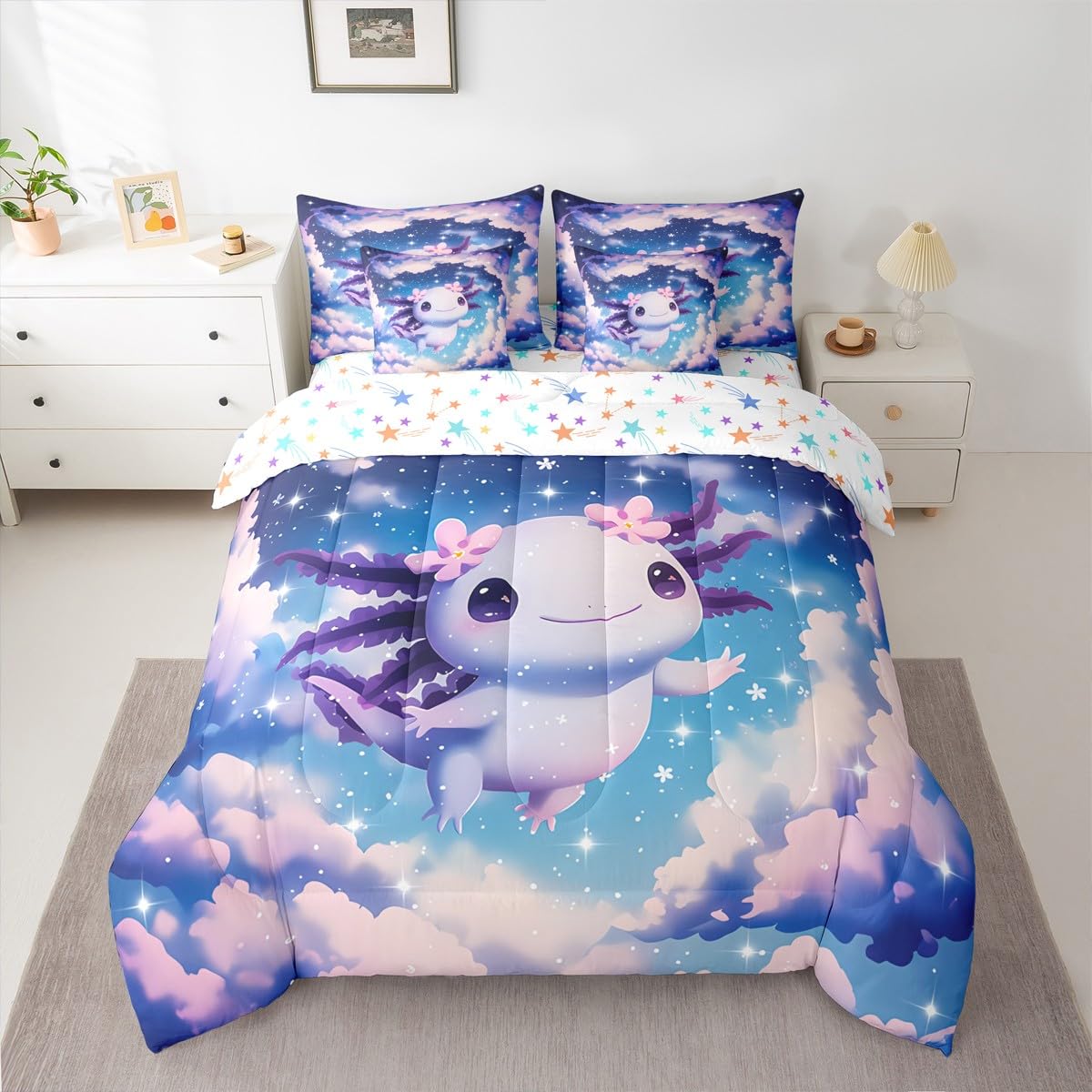 Dreamy Axolotl Queen Comforter Set for Girls Kids Cute Axolotl Bed in a Bag with Flat and Fitted Sheet Teen Preppy Fantasy Galaxy Sky 7-Piece Bedding Set Kawaii Purple Salamander Quilt Duvet Sets