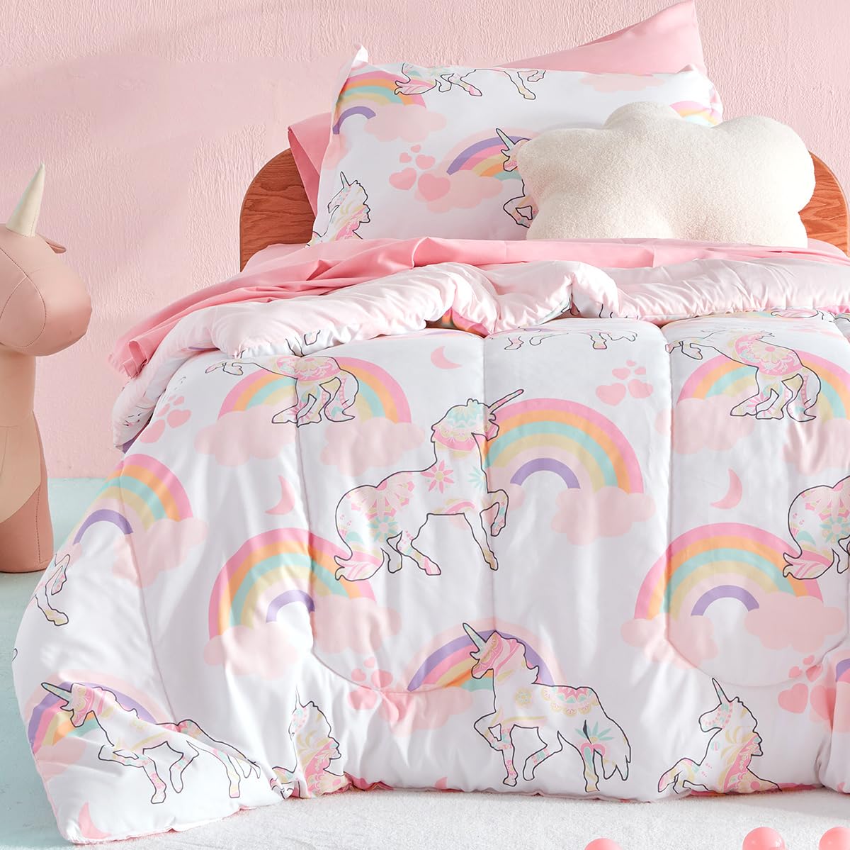 SLEEP ZONE Kids Twin Bedding Comforter Set - Super Cute & Soft Kids Bedding Bed in a Bag 5 Pieces Set with Comforter, Sheet, Pillowcase & Sham (Pink Unicorn)