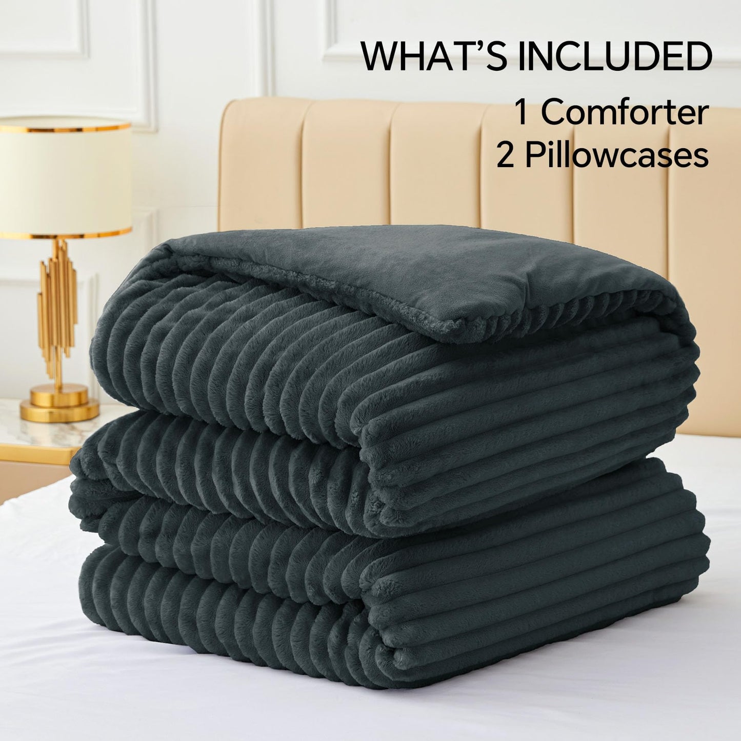 BEDELITE Fleece Queen Comforter Set -Super Soft & Warm Fluffy Dark Grey Bedding, Luxury Fuzzy Heavy Bed Set for All Season with 2 Pillow Cases