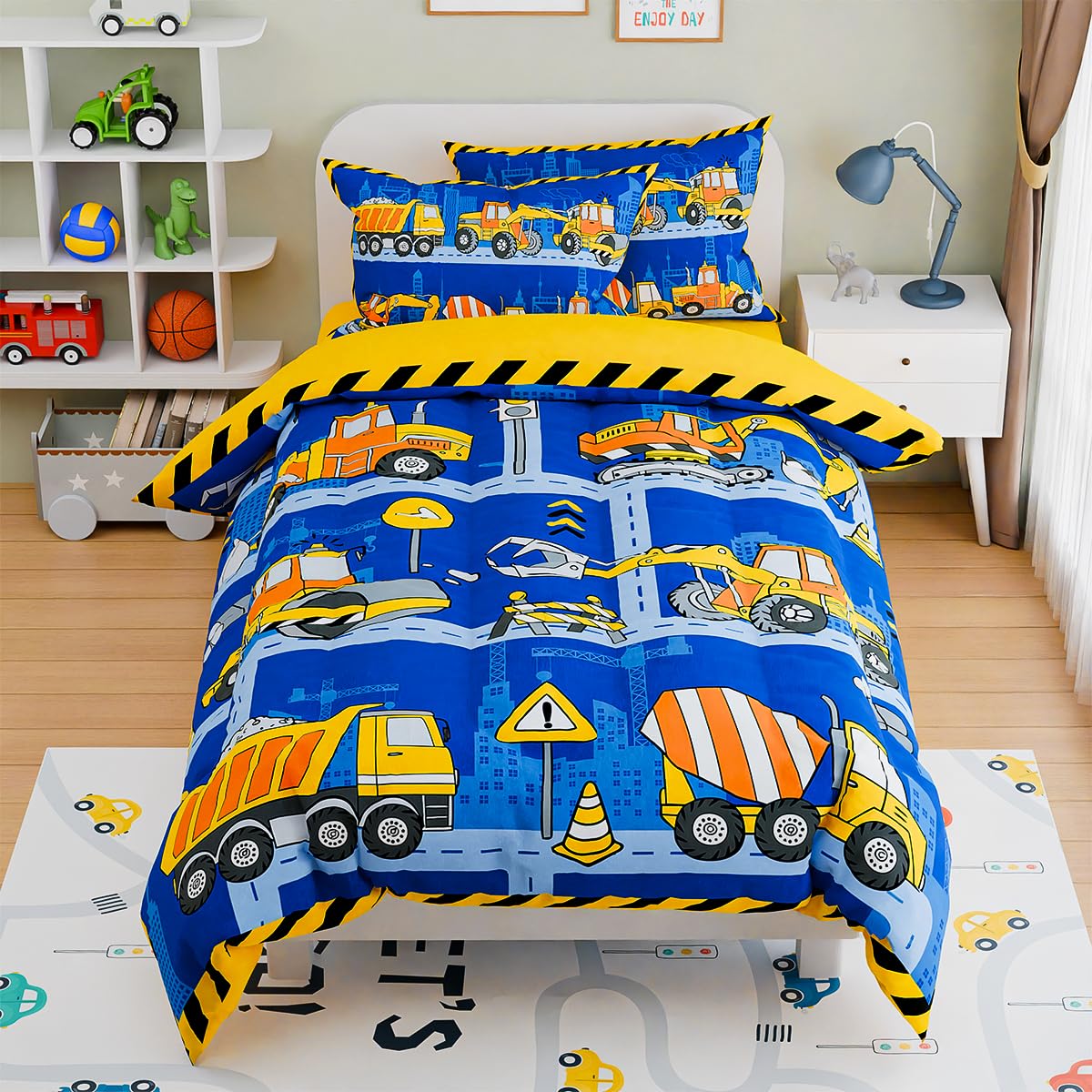 SANDJEST Construction Bedding Sets for Boys, Ultra Soft Microfiber Comforter Bed Set with 3-Pieces, Comforters Sets for Kids Children Boy Bedroom Decor