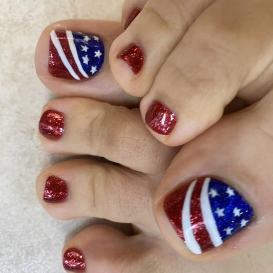Independence Day Press on Toenails Short Square Fake Toe Nails Glitter Red Acrylic Toe Nails Full Cover American Flag Designs 4th of July Press Ons Artificial False Toenails for Women and Girls 24Pcs
