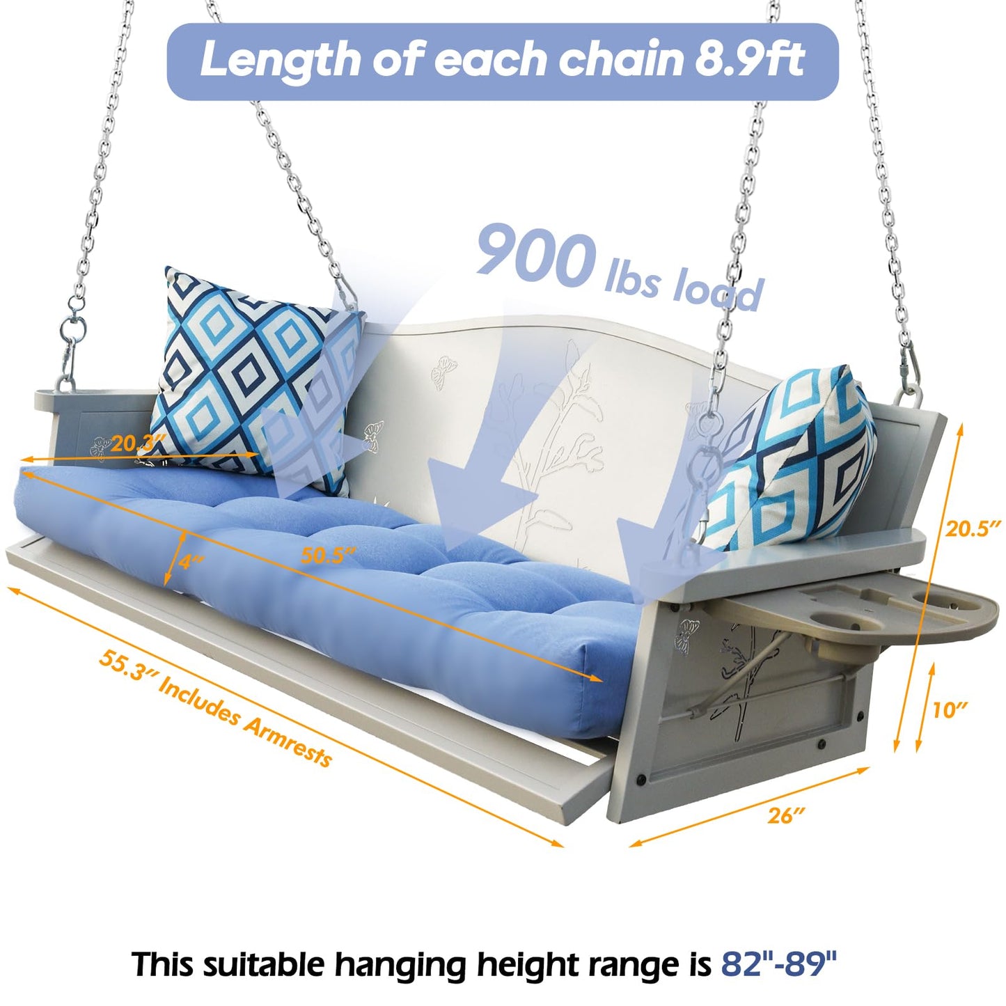 3-Seat Metal Porch Swing 900 LBS Heavy Duty Hanging Bench with Upgraded Tray & Cushions Rust-Resistant Finish Swing Chair with 8.9FT Chains for Patio Lawn Garden