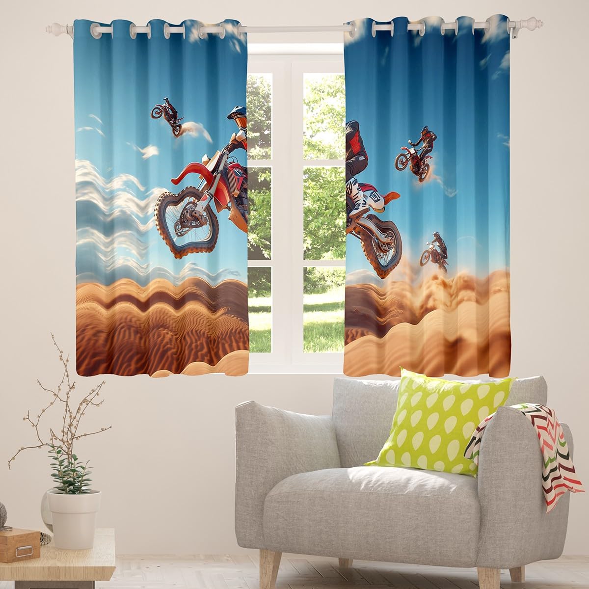Feelyou Dirt Bike Curtains for Bedroom Living Room (2 Panels, 42 x 84 Inch) Racing Themed Room Blackout Curtain Racing Motocross Rider Blackout Curtains Extreme Sports Window Treatments