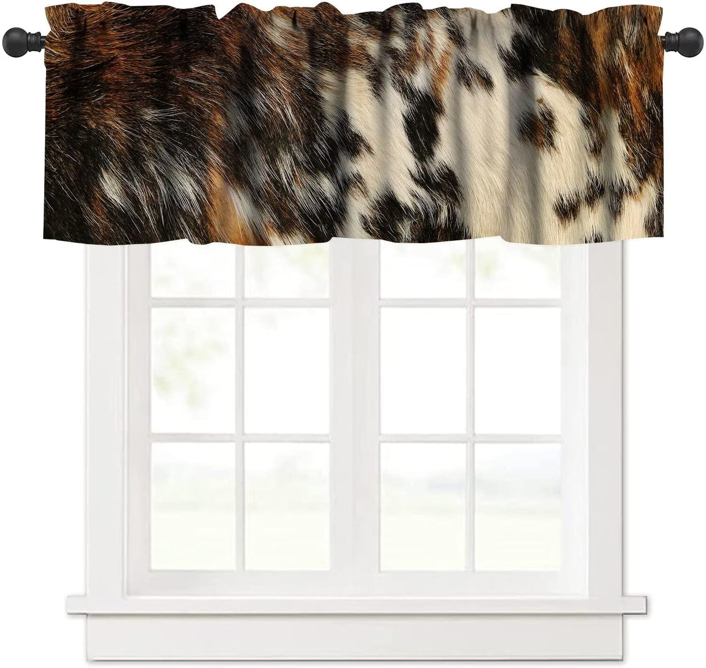 JanJCurt Brown Cowhide Valance, Rustic Vintage Western Farmhouse Highland Cow Fur Black Brown White Skin Print Short Blackout Window Drapes for Bedroom Kitchen, 54x18inch