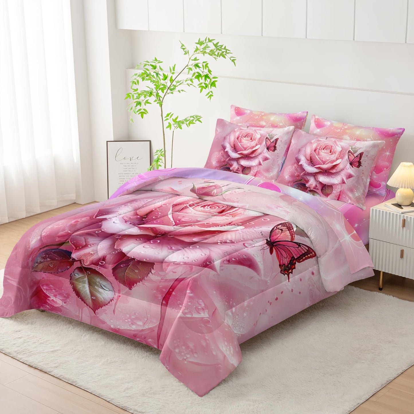 AILONEN Pink Rose Comforter Set Full Size for Girls Women,7-Piece Soft Bed in a Bag,Rose Flower Butterfly Comforter & Fitted Sheet & Flat Sheet & 2 Pillowcases,2 Pillow Shams