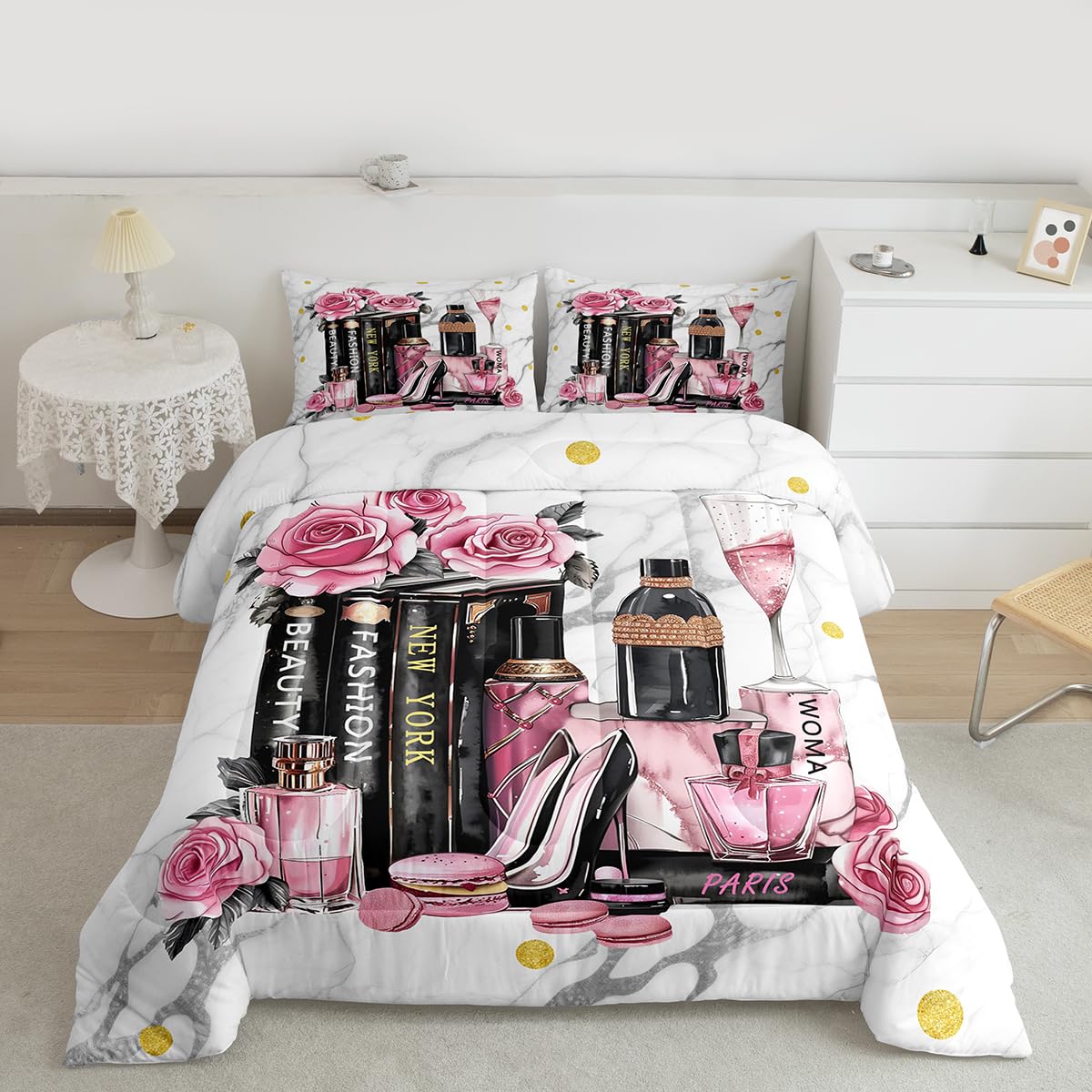 Erosebridal Fashion Black Pink Comforter King Size Flower Perfume Girls Women Modern Bedding Set High Heels Books Champagne Quilt Romantic Makeup Paris Bed Sets