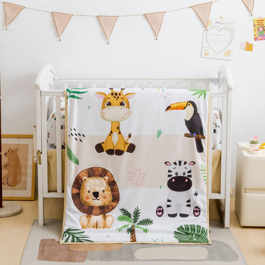 Cokouchyi Safari Animal Crib Bedding Set for Baby Boys Girls, 3-Piece Baby Crib Bedding Set, Standard Size Crib Set Including Crib Skirt, Sheet & Comforter