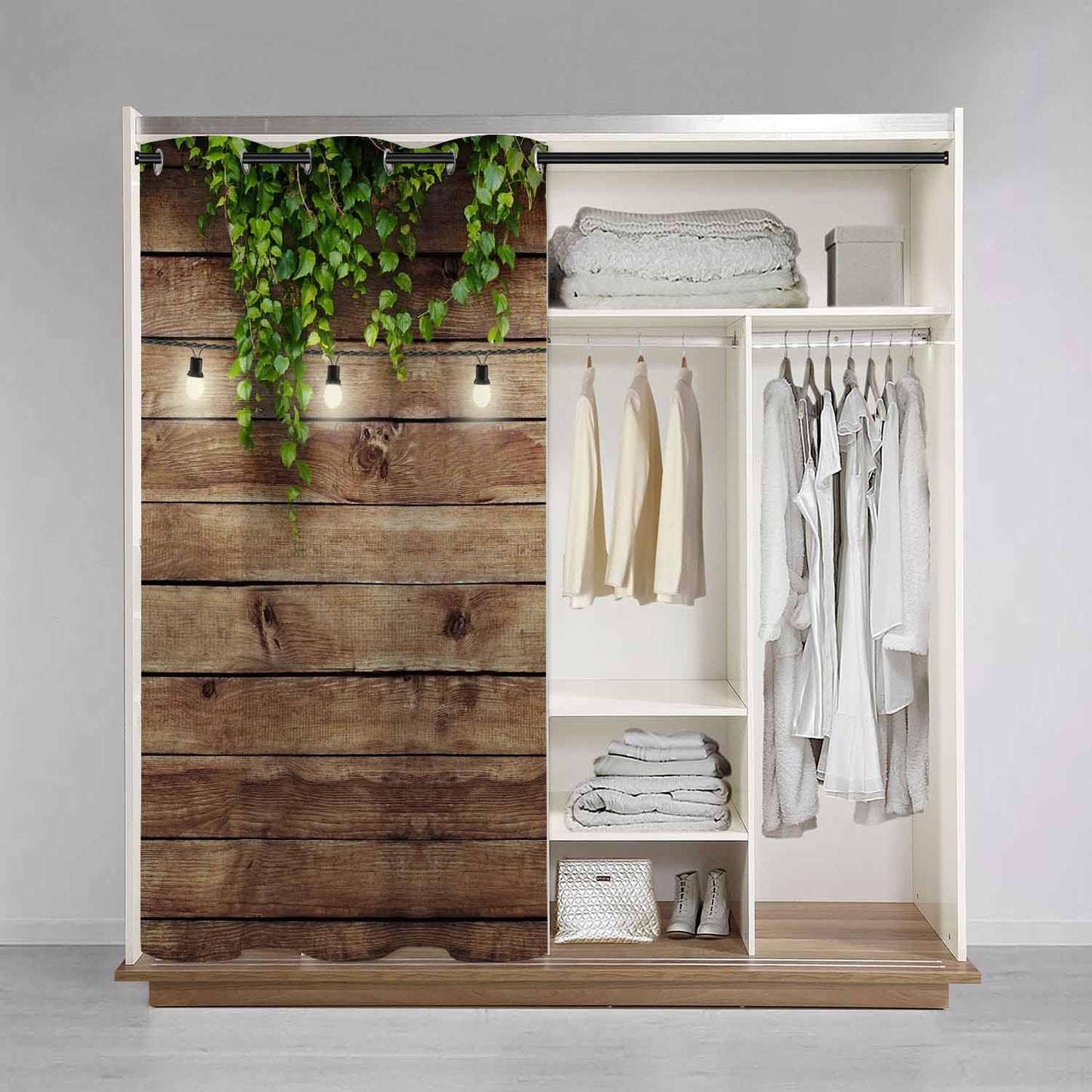 Haciadan Wooden Board Door Curtain Garland Lamps Green Leaves Doorway Curtain Blackout for Bedroom Living Room,34x80 Inch 1 Panel