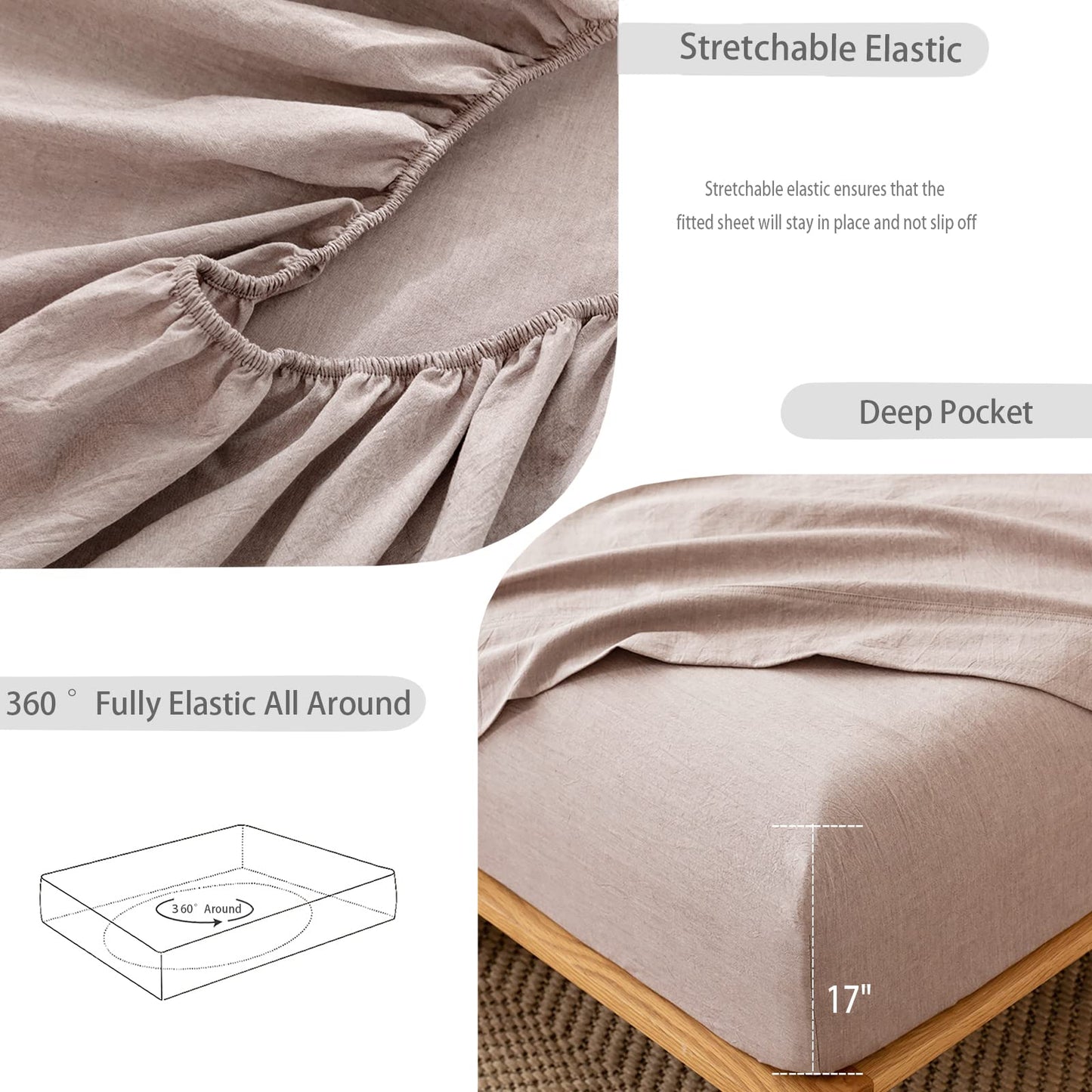 MooMee Fitted Bottom Sheet Only 100% Washed Cotton Linen Like Textured Breathable Durable Soft Comfy Deep Pocket Fits Mattress up to 17" (Mauve Brown, Queen)