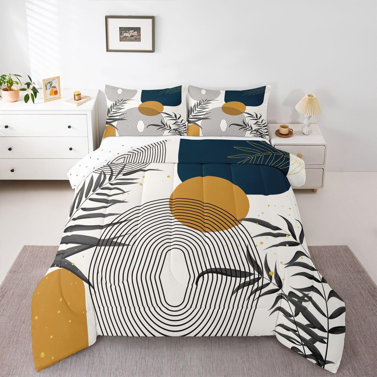 Erosebridal Boho Mid Century Twin Comforter Set, Contemporary Bohemian Minimalist Bedding Set, Abstract Geometric Comforter, Sage Tropical Palm Leaves Retro Elegant Zen Quilt for Kids Teens Adults