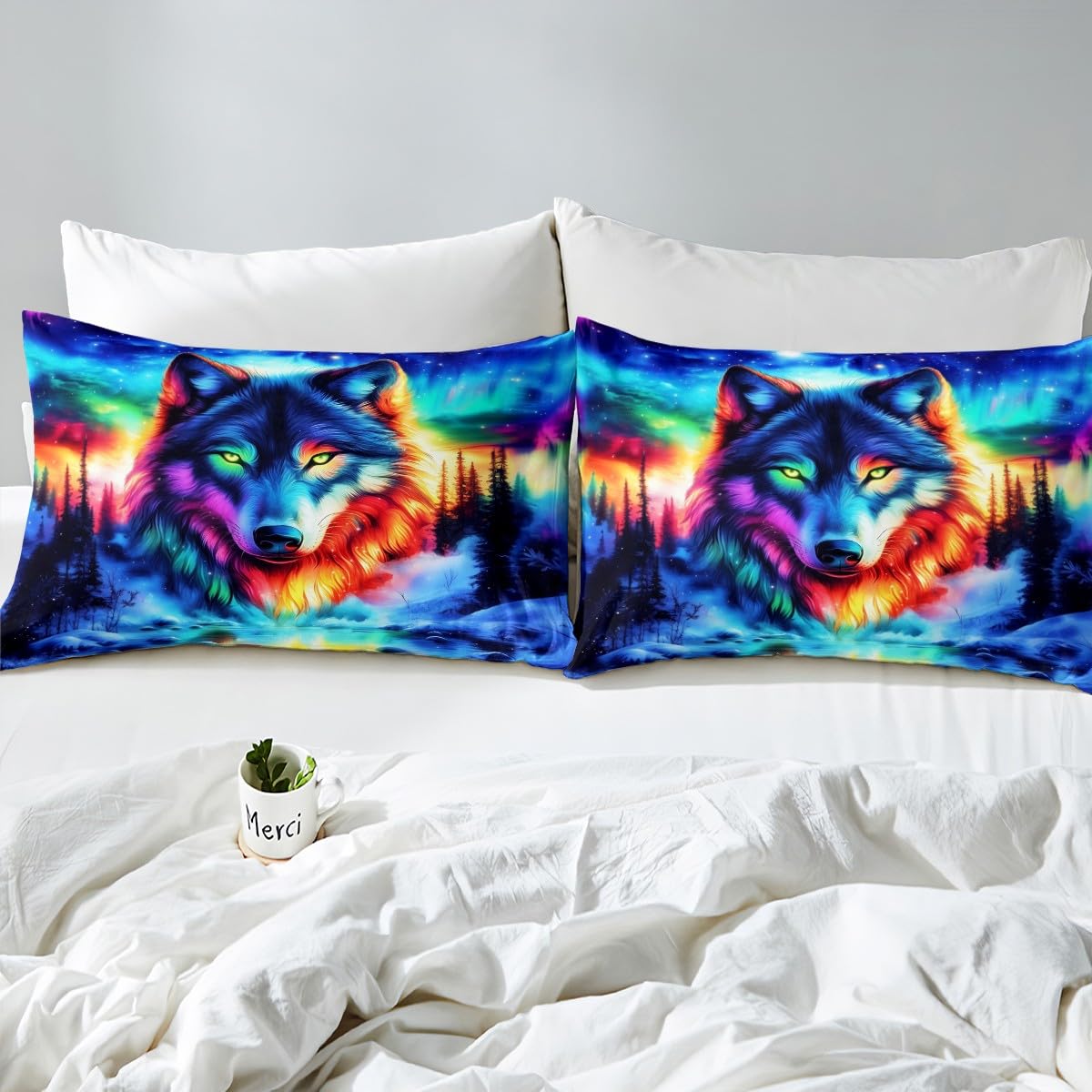 Erosebridal Wolf Full Bed Sheets Set Tribal Animal Flat Fitted Sheet Jungle Wildlife Bedding Set for Children Adult Women Men,Blue Starry Sky Natural Aurora Bedding Sets Watercolor, 2 Pillow Cases