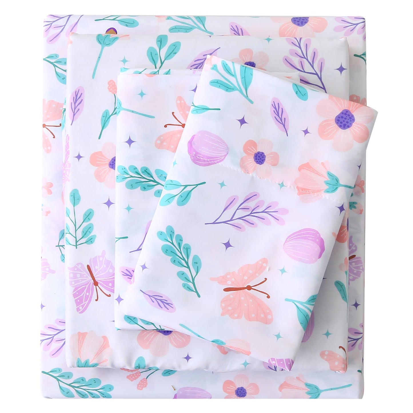 Viviland Floral Twin Sheet Set - 3 Piece Pink-Purple Butterfly & Flower Botanical Patterned Bed Sheets - Soft, Breathable Microfiber Sheets with Deep Pocket, Non-Slip Fitted Sheets & Pillowcases
