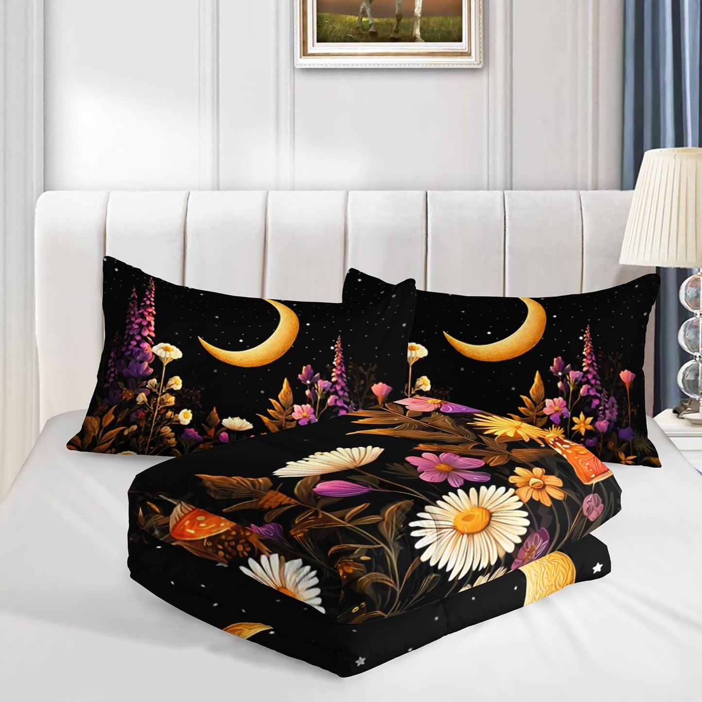 AILONEN Crescent Moon Garden Twin Comforter Set 3 Piece, Black Wildflower Bedding, Starry Mushroom Meadow, Dorm Bedroom, 2 Pillowcases